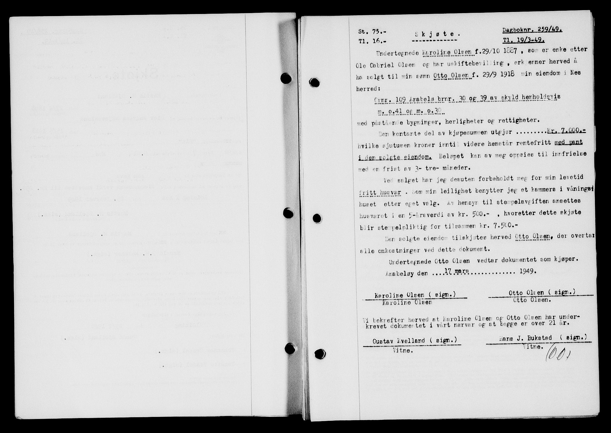 Flekkefjord sorenskriveri, SAK/1221-0001/G/Gb/Gba/L0065: Mortgage book no. A-13, 1949-1949, Diary no: : 259/1949