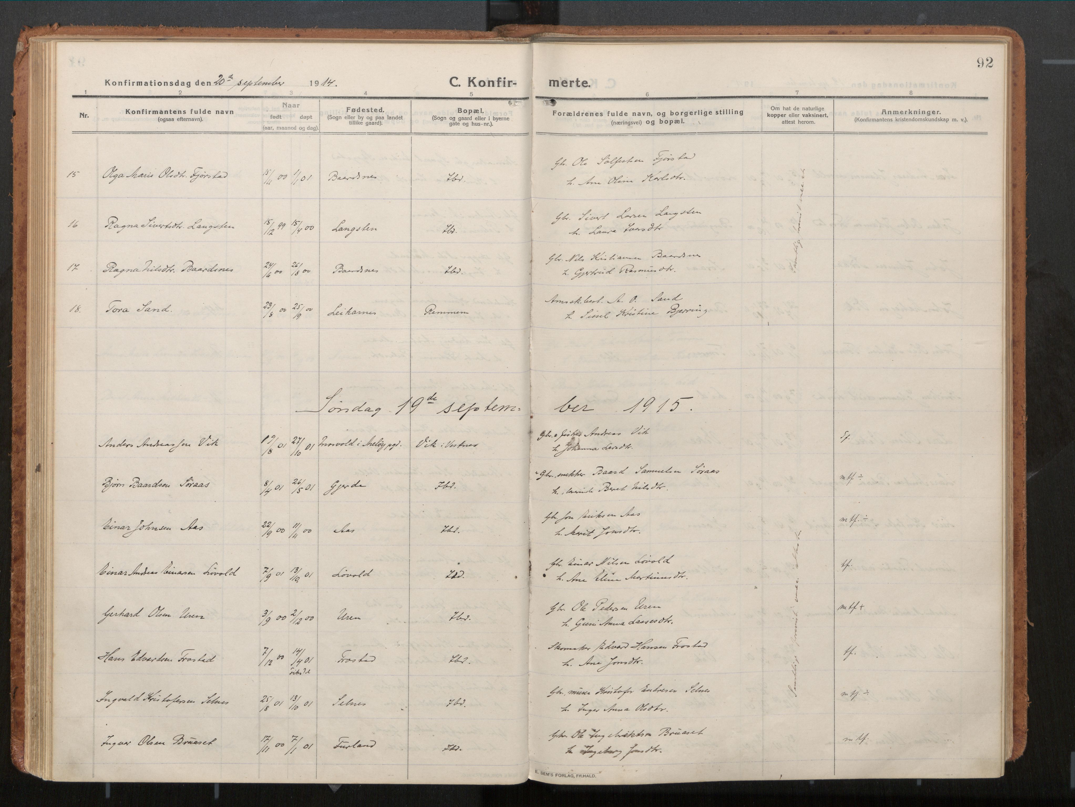 Ministerialprotokoller, klokkerbøker og fødselsregistre - Møre og Romsdal, SAT/A-1454/539/L0534a: Parish register (official) no. 539A08, 1912-1935, p. 92