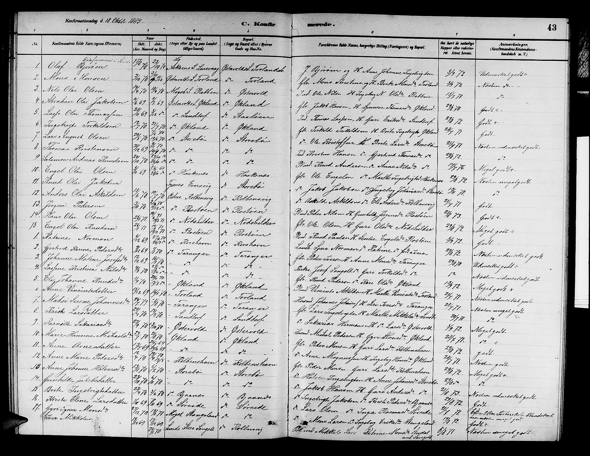 Austevoll sokneprestembete, AV/SAB-A-74201/H/Ha/Hab/Haba/L0002: Parish register (copy) no. A 2, 1880-1888, p. 43