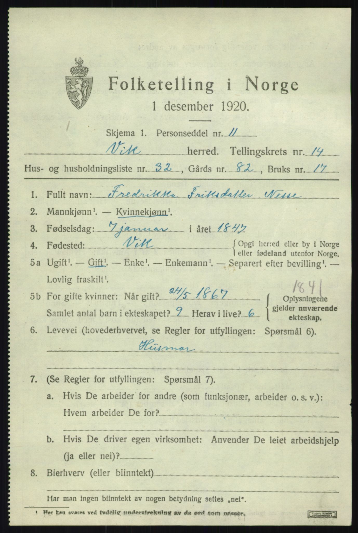 SAB, 1920 census for Vik, 1920, p. 7715