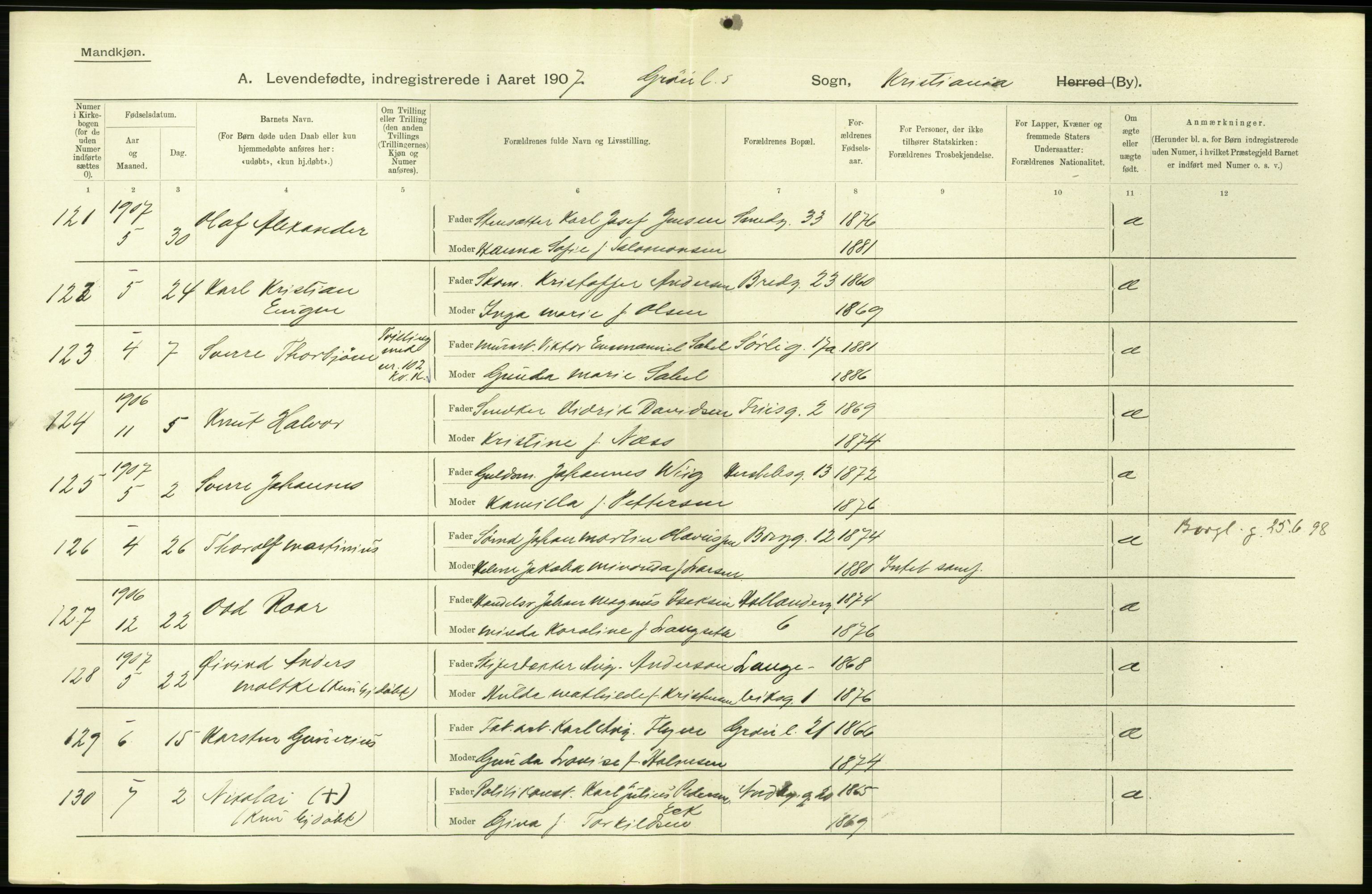 Statistisk sentralbyrå, Sosiodemografiske emner, Befolkning, AV/RA-S-2228/D/Df/Dfa/Dfae/L0007: Kristiania: Levendefødte menn og kvinner., 1907, p. 298