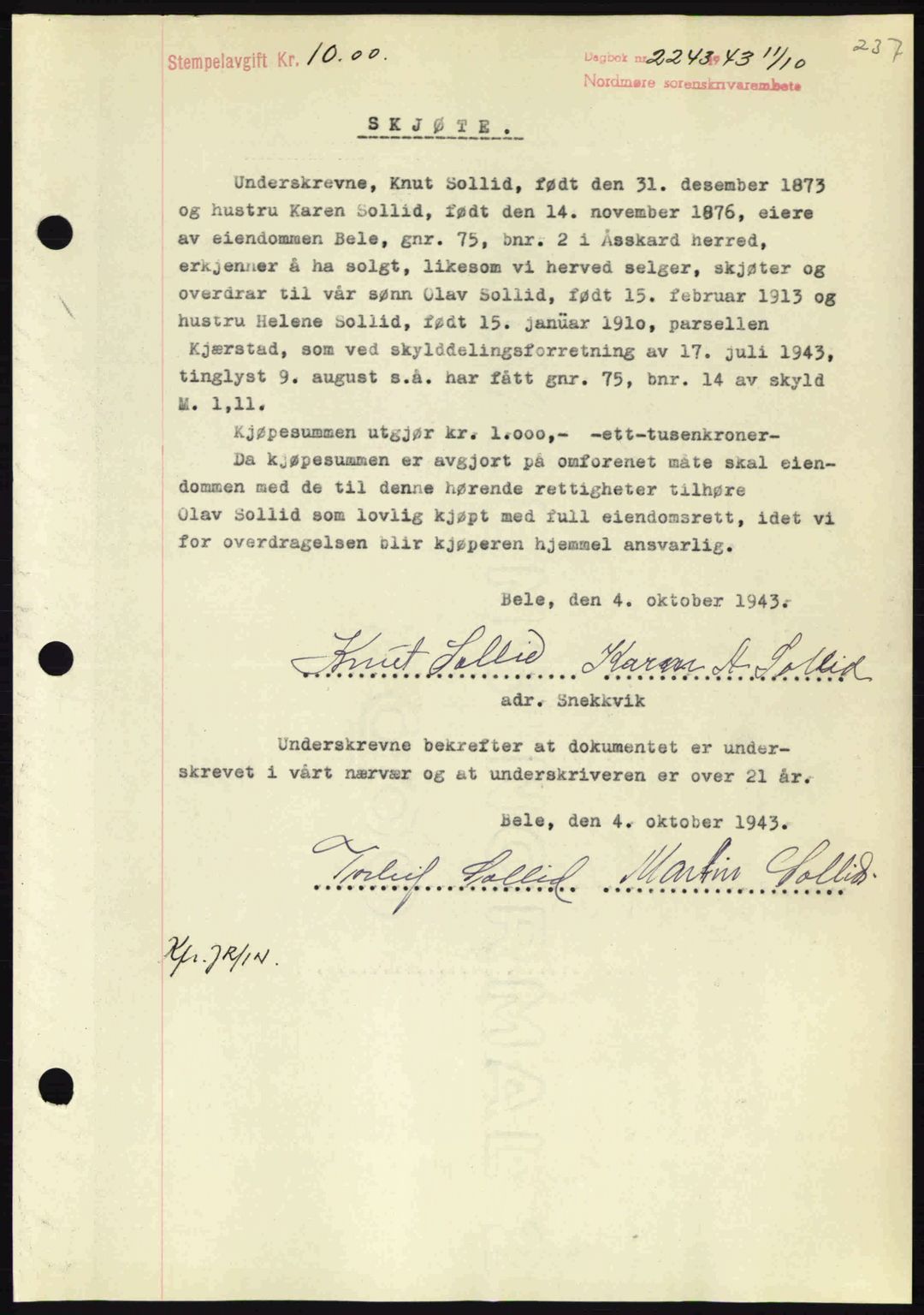Nordmøre sorenskriveri, SAT/A-4132/1/2/2Ca: Mortgage book no. A96, 1943-1944, Diary no: : 2243/1943