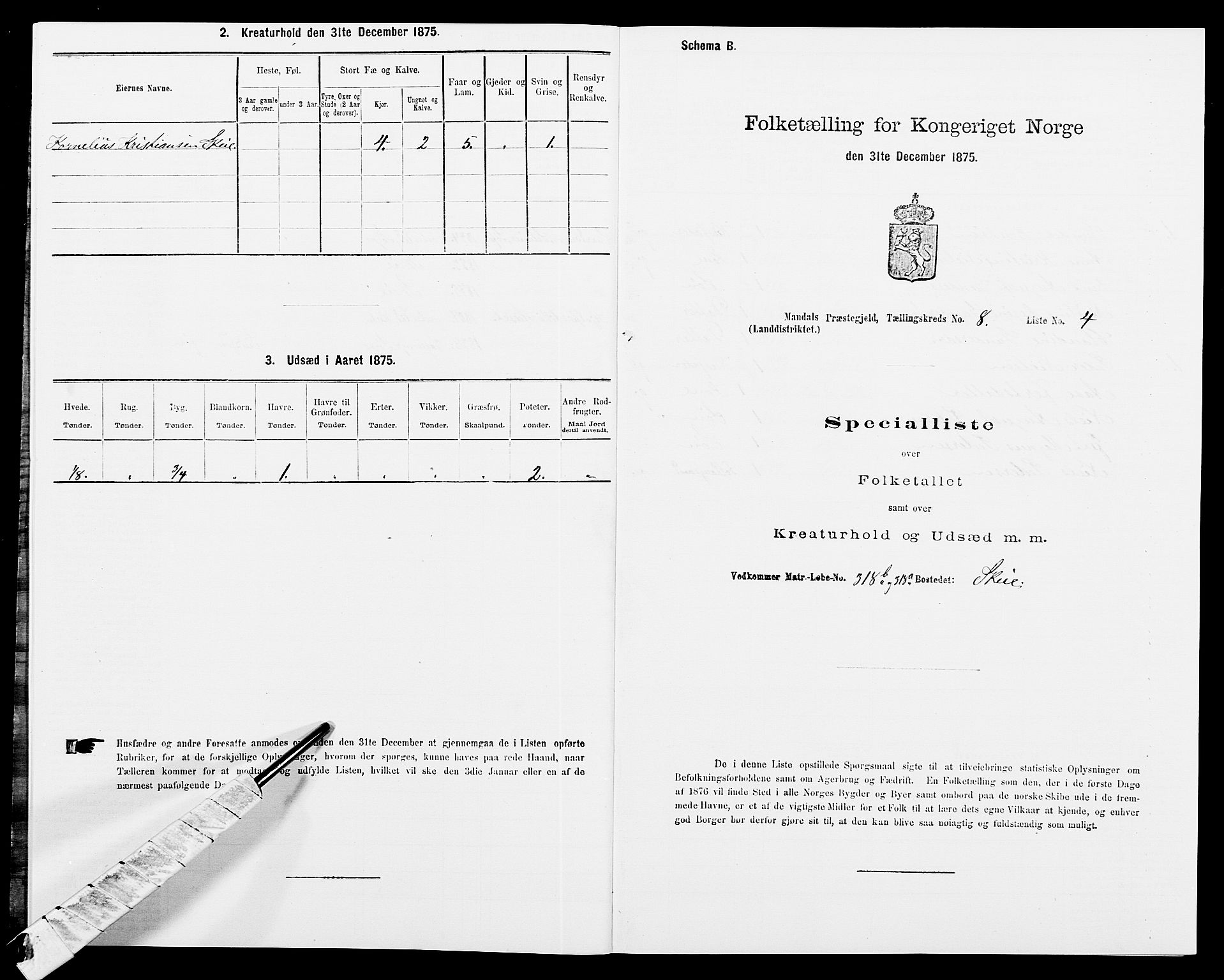 SAK, 1875 census for 1019L Mandal/Halse og Harkmark, 1875, p. 1130