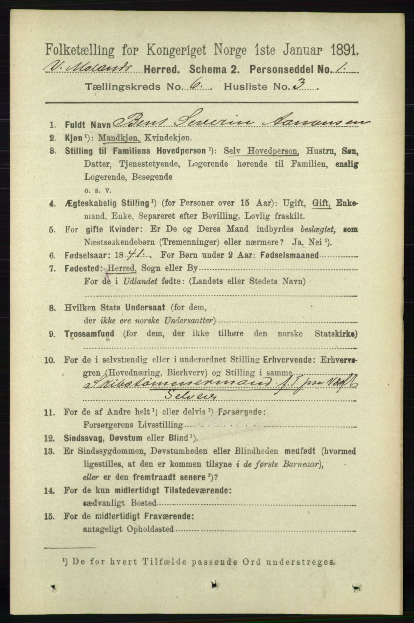 RA, 1891 census for 0926 Vestre Moland, 1891, p. 2357