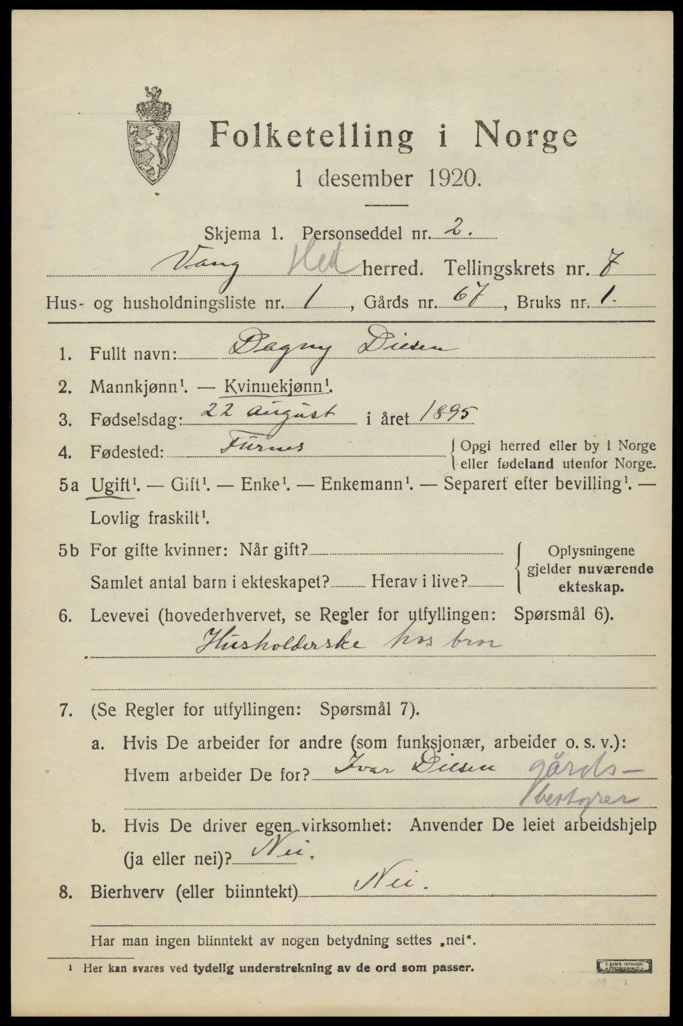 SAH, 1920 census for Vang (Hedmark), 1920, p. 16031