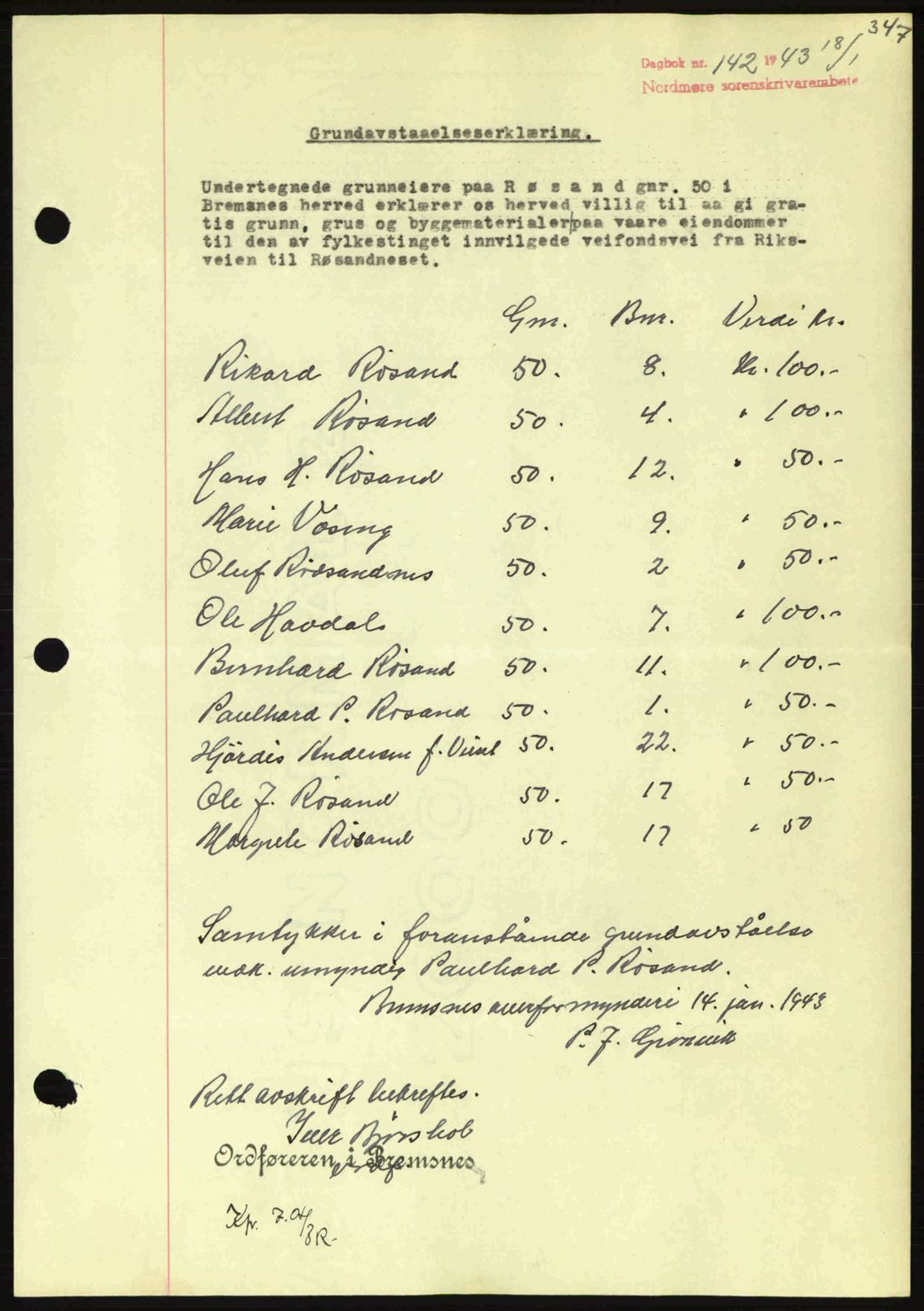 Nordmøre sorenskriveri, AV/SAT-A-4132/1/2/2Ca: Mortgage book no. B90, 1942-1943, Diary no: : 142/1943