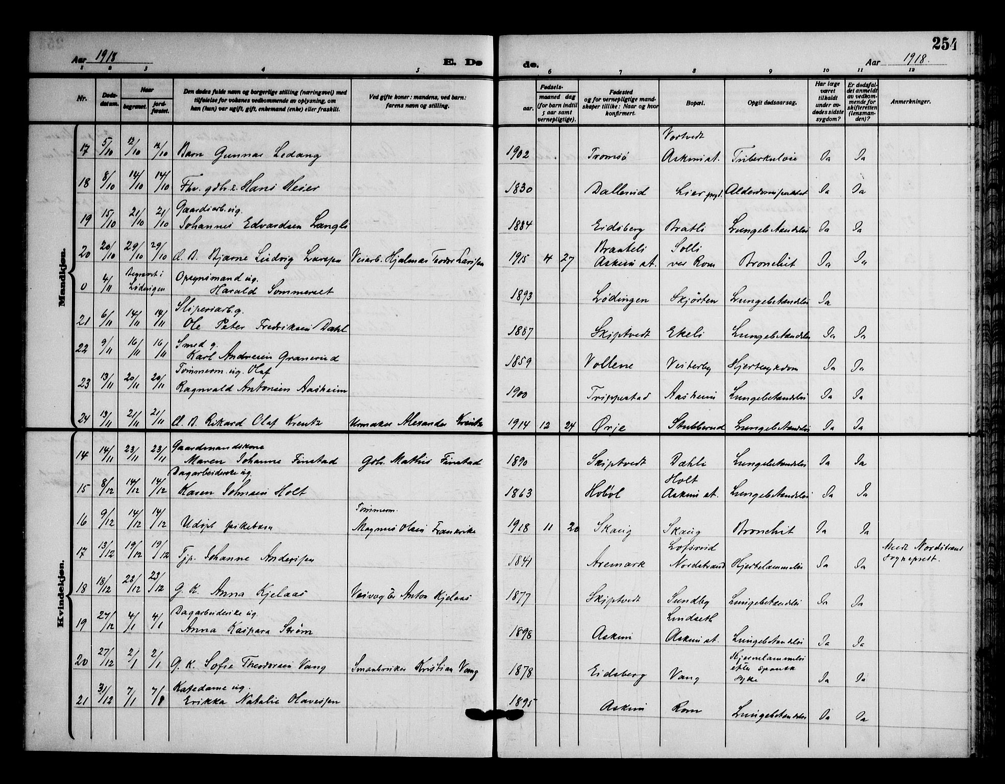 Askim prestekontor Kirkebøker, SAO/A-10900/F/Fa/L0009: Parish register (official) no. 9, 1913-1923, p. 254