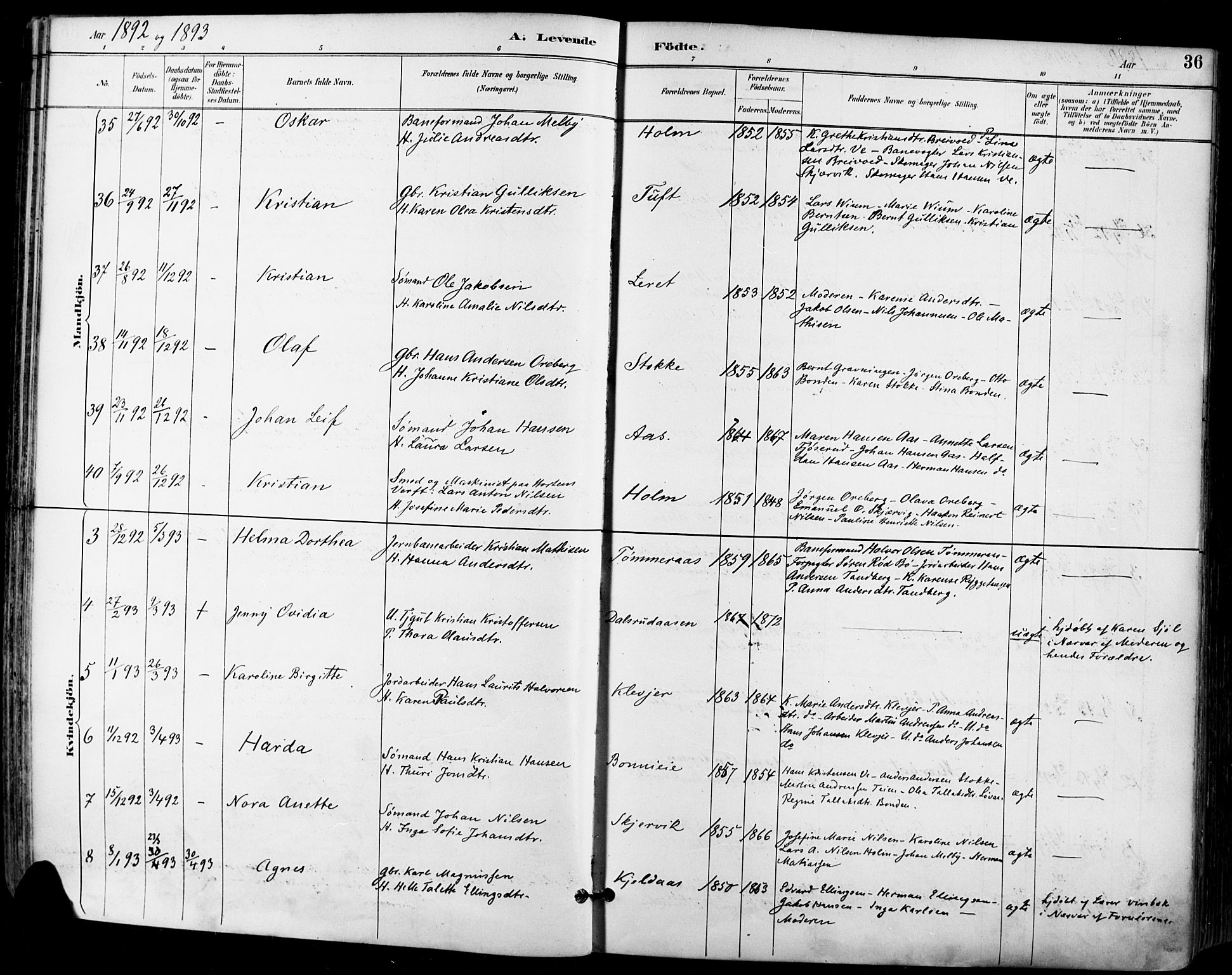 Sande Kirkebøker, AV/SAKO-A-53/F/Fa/L0007: Parish register (official) no. 7, 1888-1903, p. 36