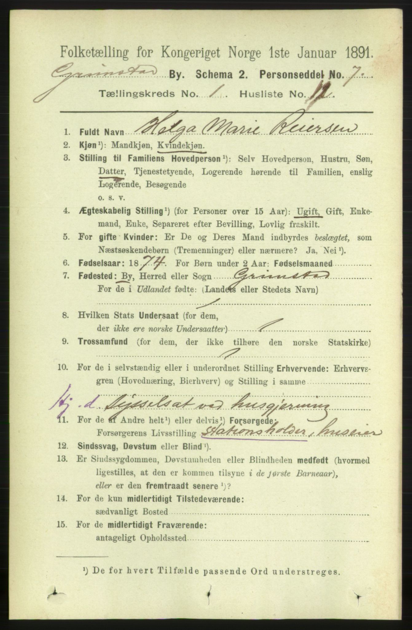 RA, 1891 census for 0904 Grimstad, 1891, p. 950