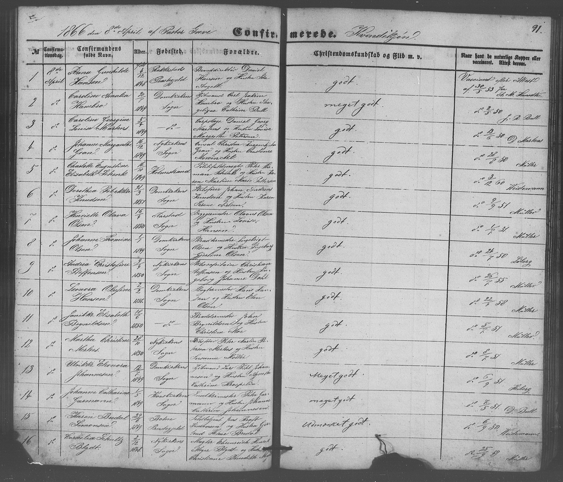 Domkirken sokneprestembete, SAB/A-74801/H/Haa/L0064: Curate's parish register no. A 2, 1850-1872, p. 91