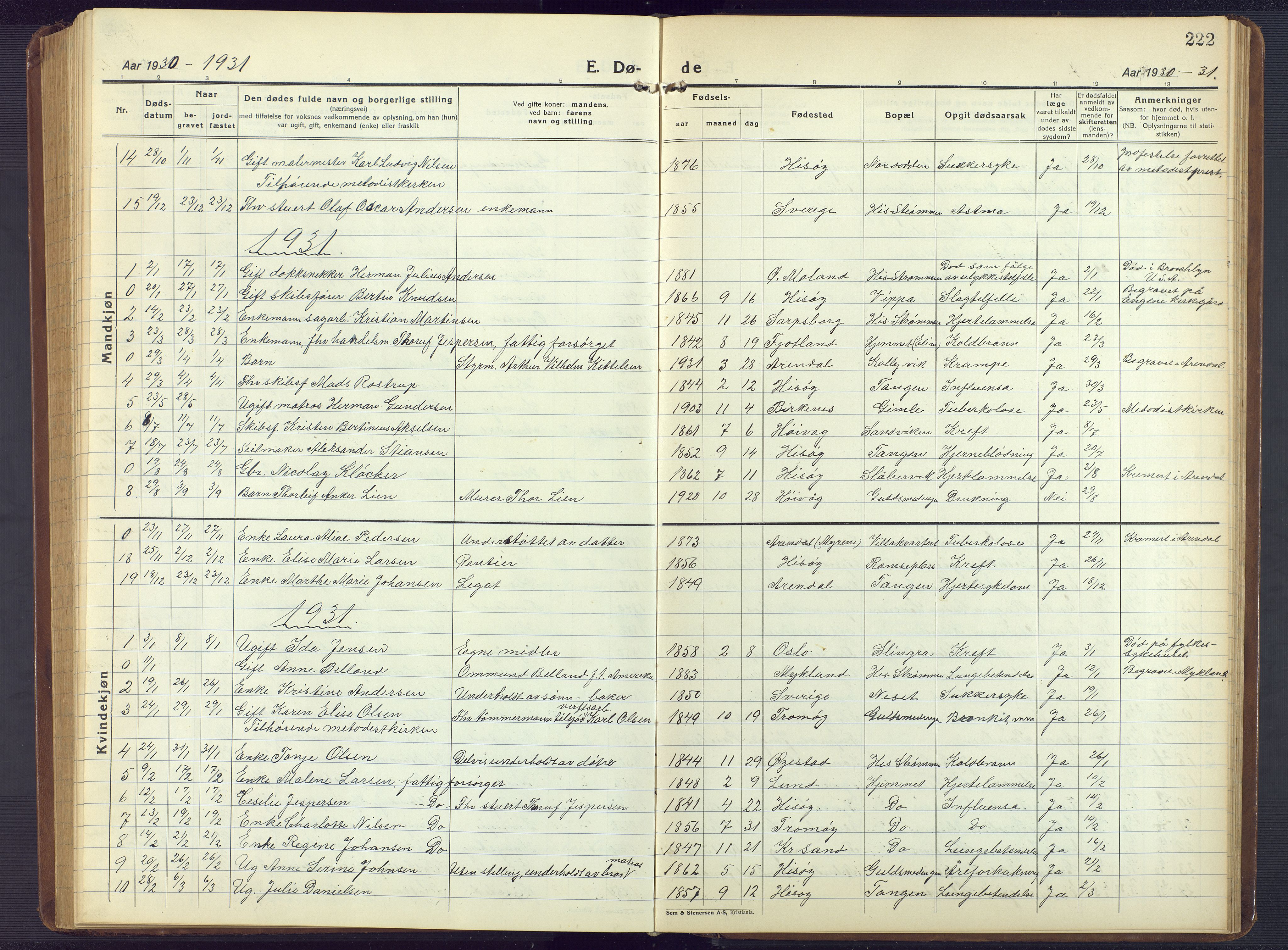 Hisøy sokneprestkontor, AV/SAK-1111-0020/F/Fb/L0005: Parish register (copy) no. B 5, 1924-1946, p. 222