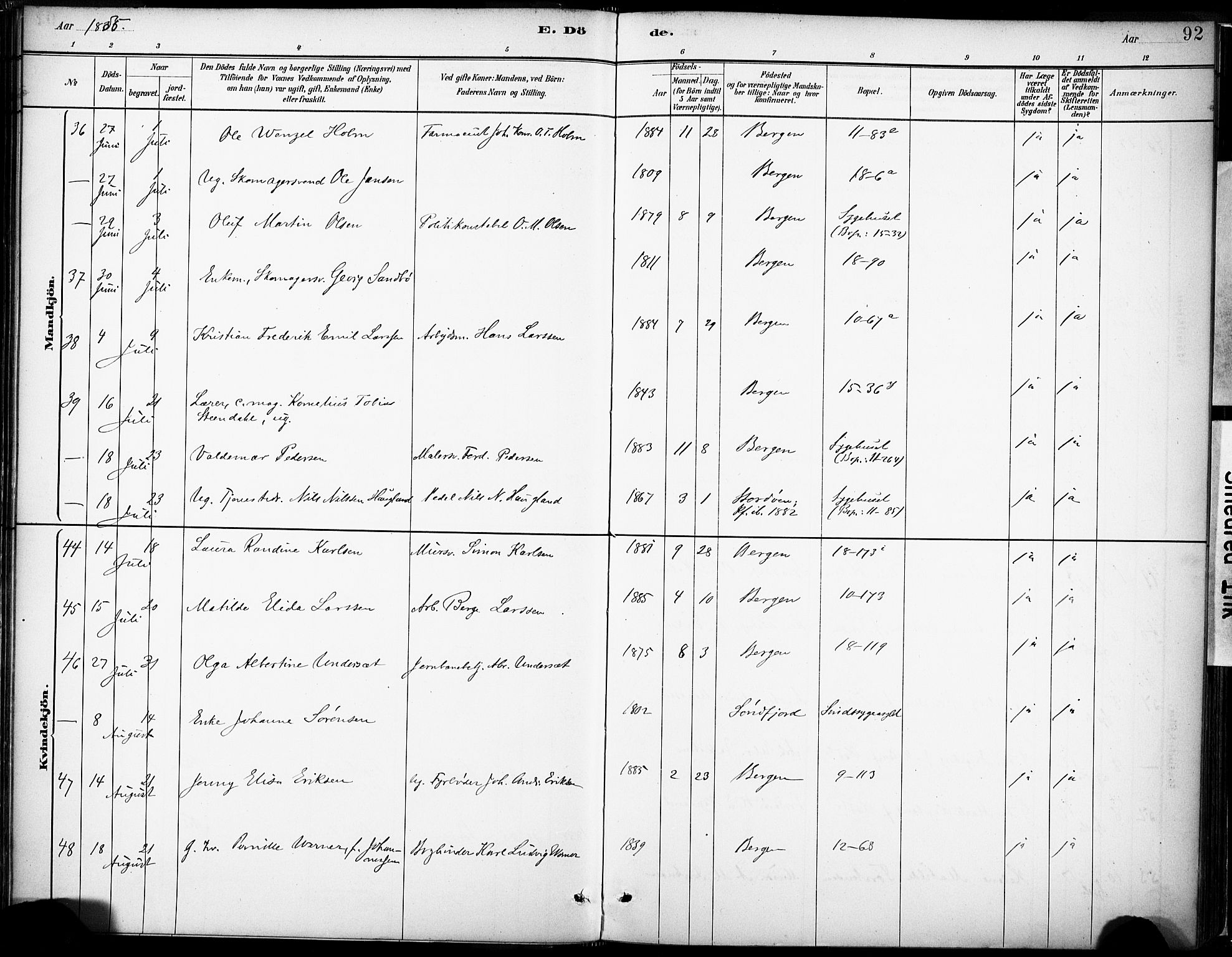 Domkirken sokneprestembete, AV/SAB-A-74801/H/Haa/L0043: Parish register (official) no. E 5, 1882-1904, p. 92