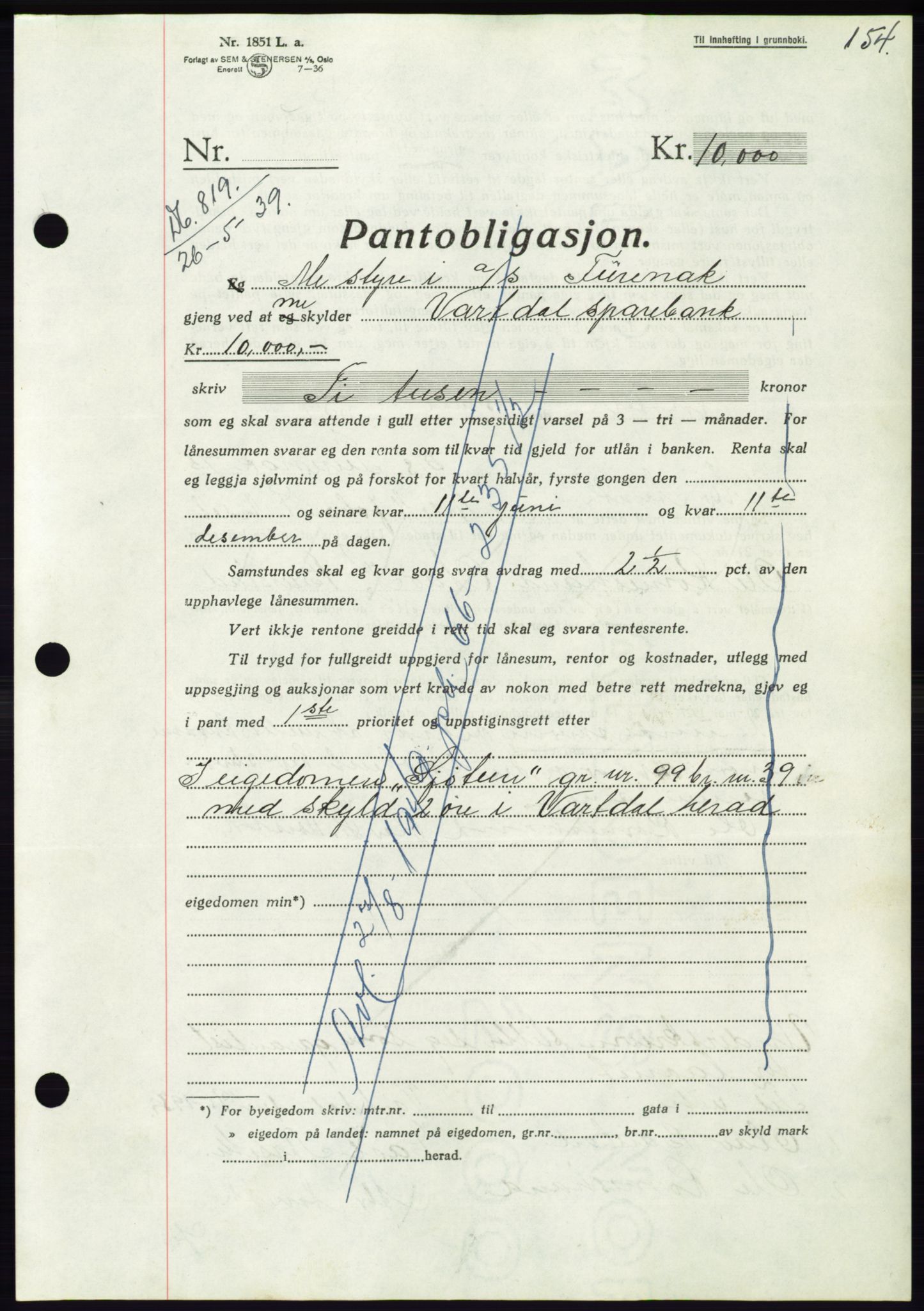 Søre Sunnmøre sorenskriveri, AV/SAT-A-4122/1/2/2C/L0068: Mortgage book no. 62, 1939-1939, Diary no: : 819/1939