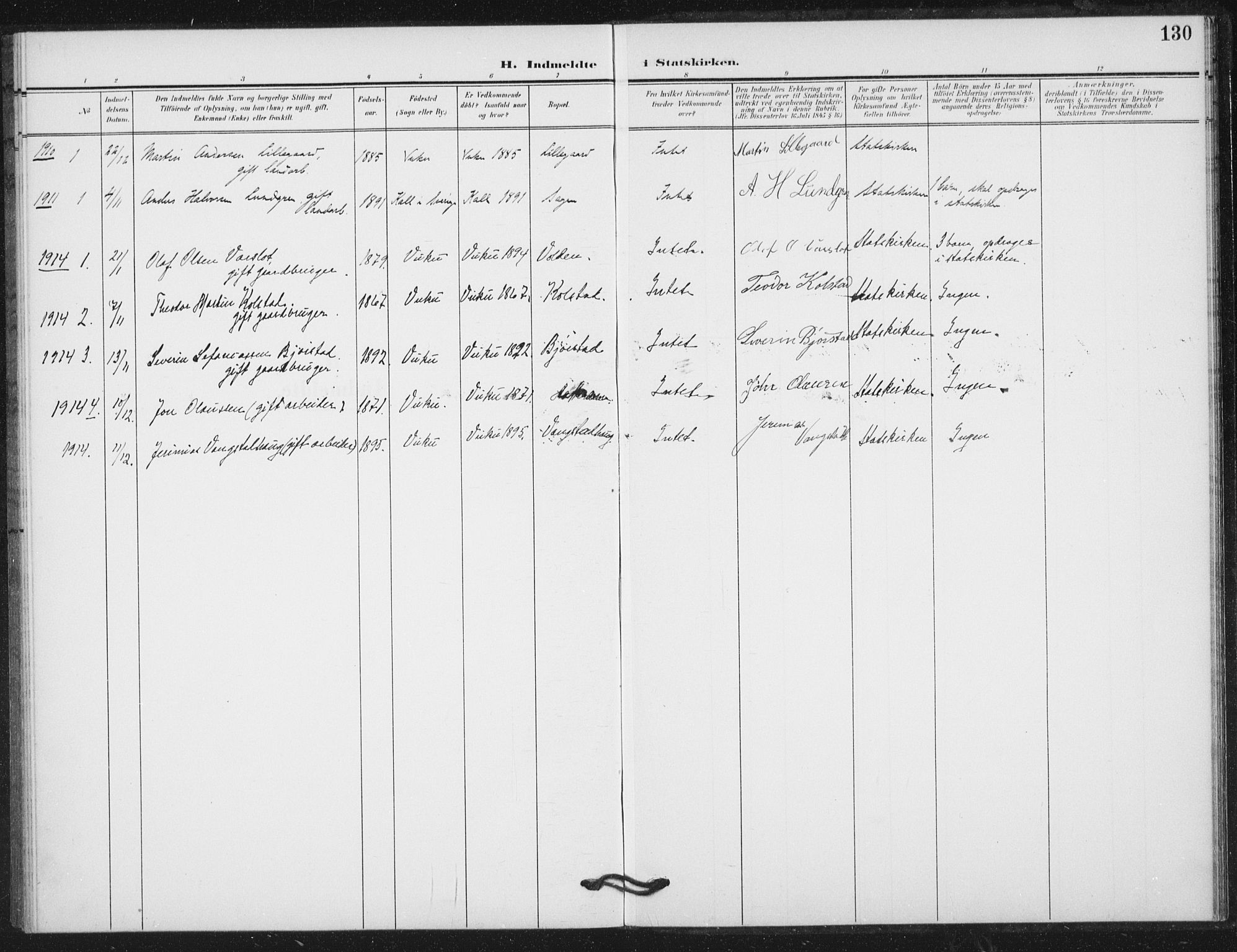 Ministerialprotokoller, klokkerbøker og fødselsregistre - Nord-Trøndelag, SAT/A-1458/724/L0264: Parish register (official) no. 724A02, 1908-1915, p. 130