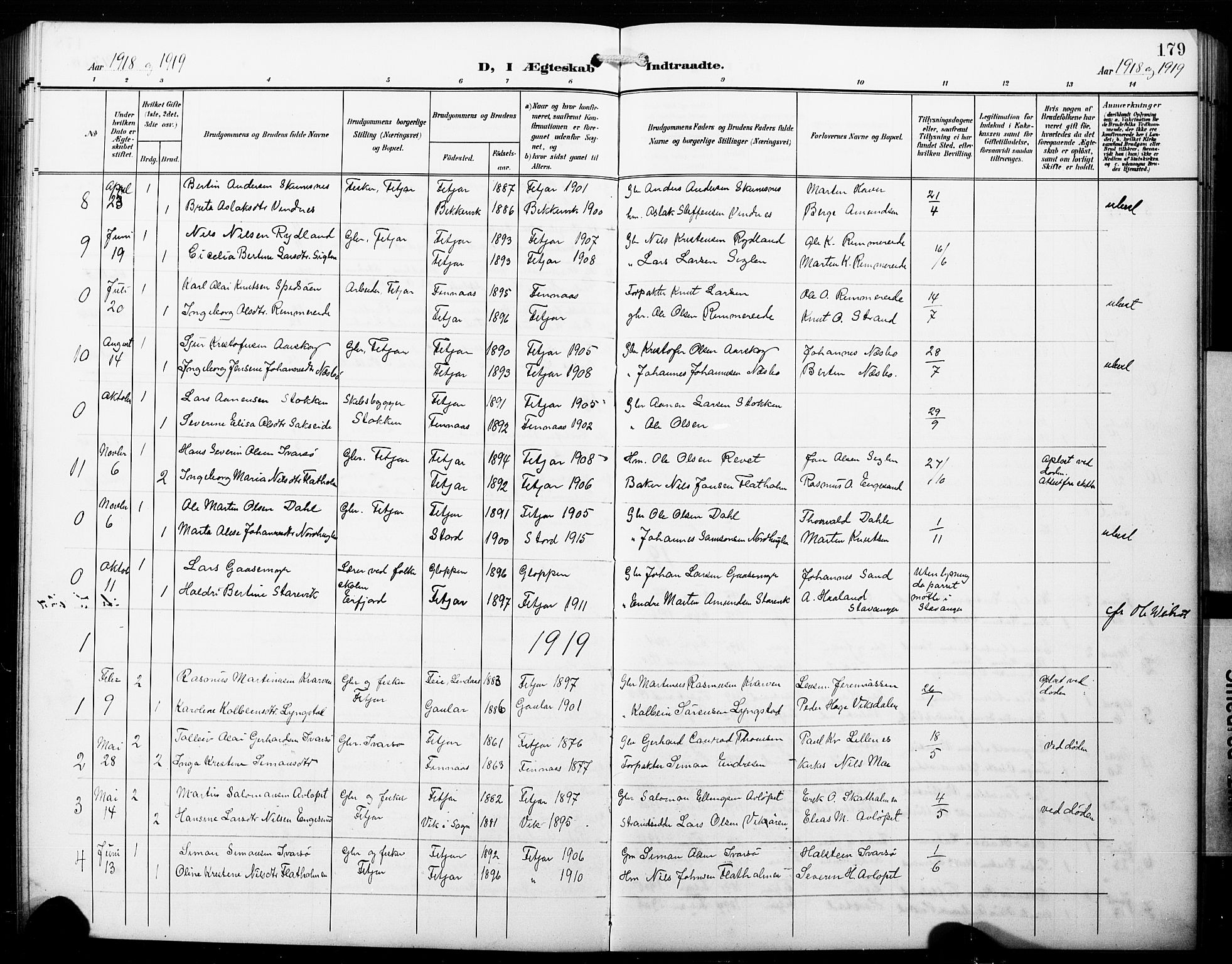 Fitjar sokneprestembete, SAB/A-99926: Parish register (copy) no. B 1, 1906-1928, p. 179