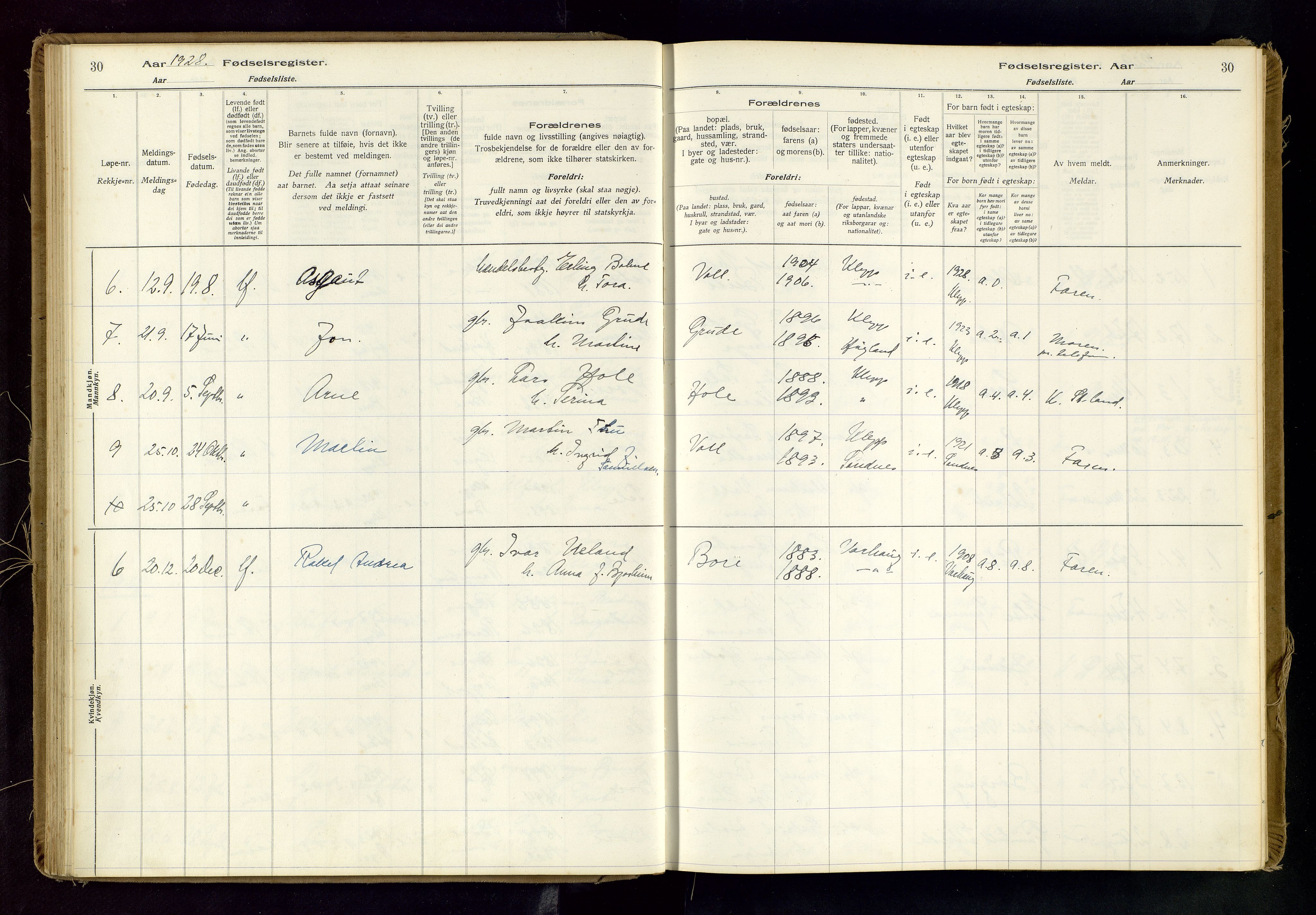 Klepp sokneprestkontor, SAST/A-101803/001/704BAB/L0001: Birth register no. 1, 1916-1976, p. 30