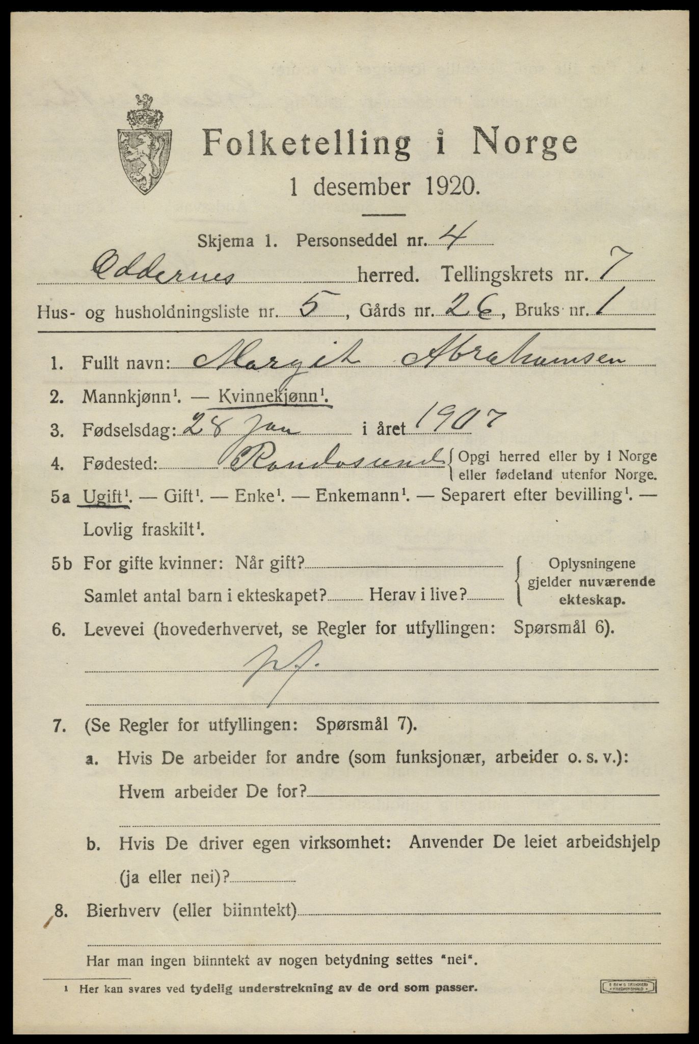 SAK, 1920 census for Oddernes, 1920, p. 5413