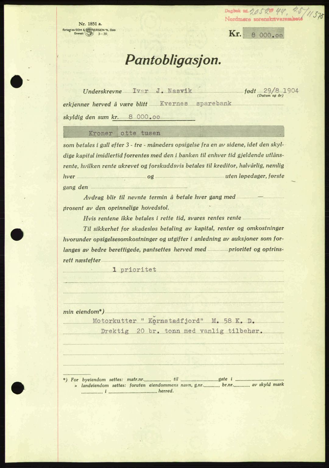 Nordmøre sorenskriveri, AV/SAT-A-4132/1/2/2Ca: Mortgage book no. B92, 1944-1945, Diary no: : 2052/1944