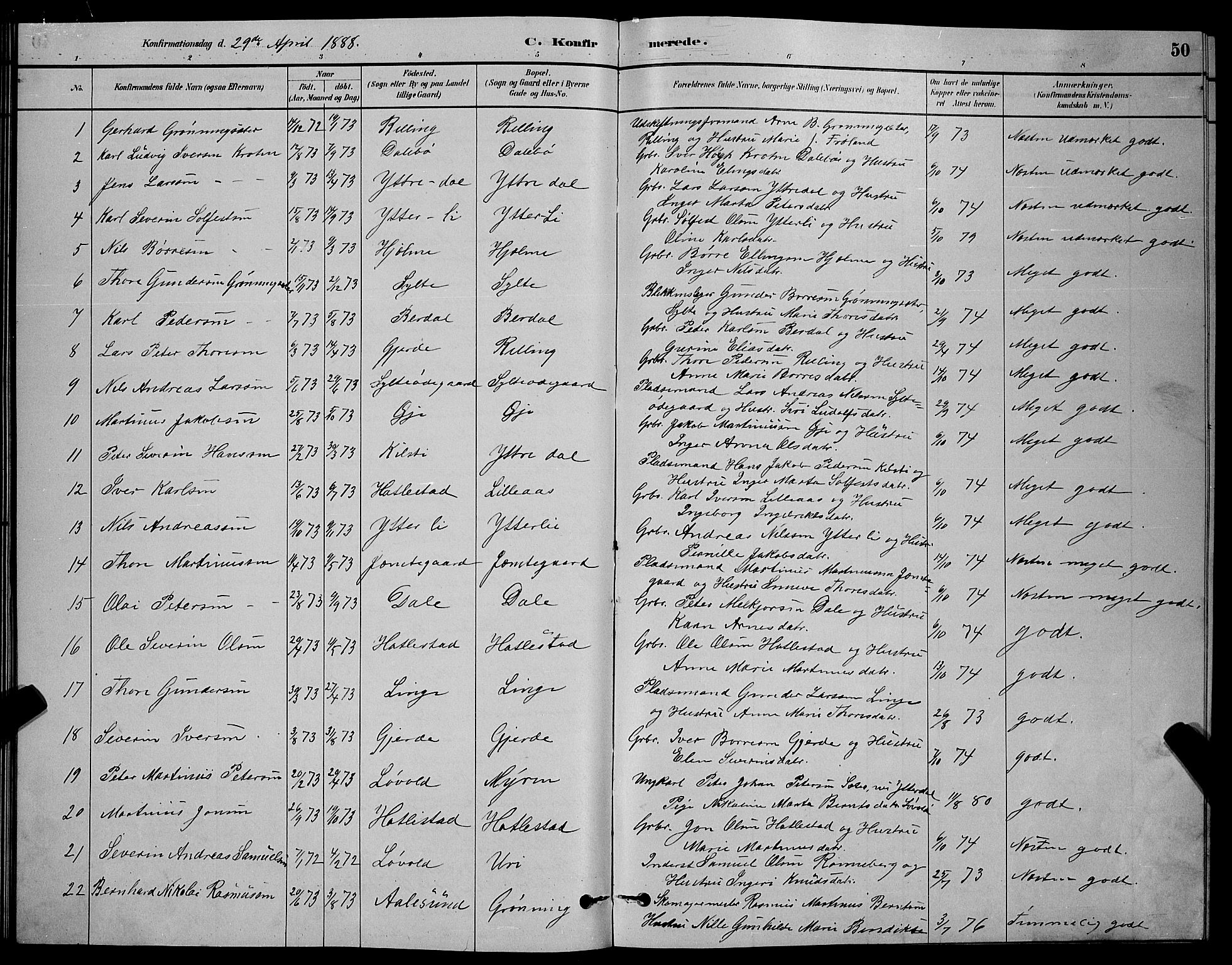 Ministerialprotokoller, klokkerbøker og fødselsregistre - Møre og Romsdal, AV/SAT-A-1454/519/L0263: Parish register (copy) no. 519C04, 1885-1892, p. 50