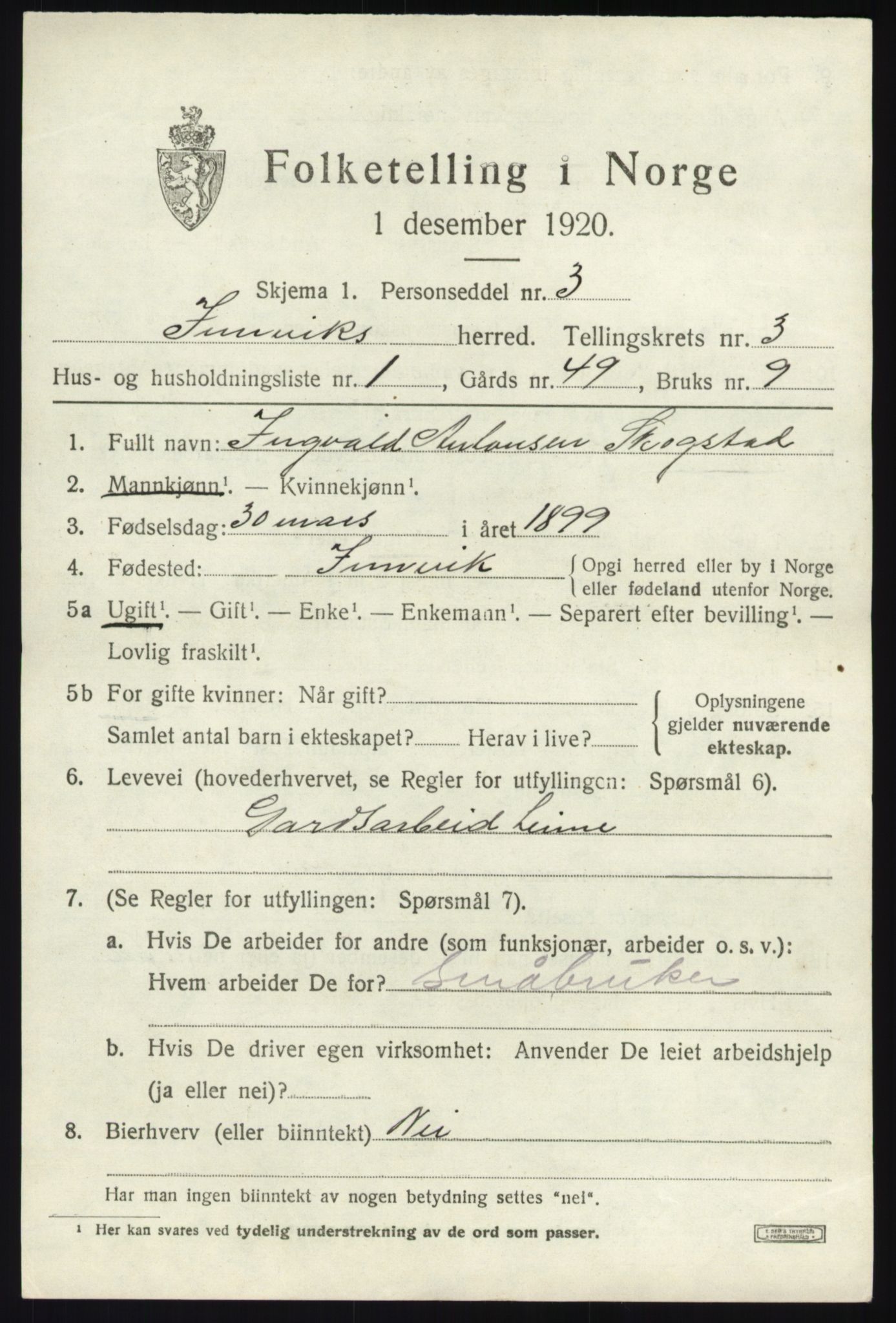 SAB, 1920 census for Innvik, 1920, p. 1763