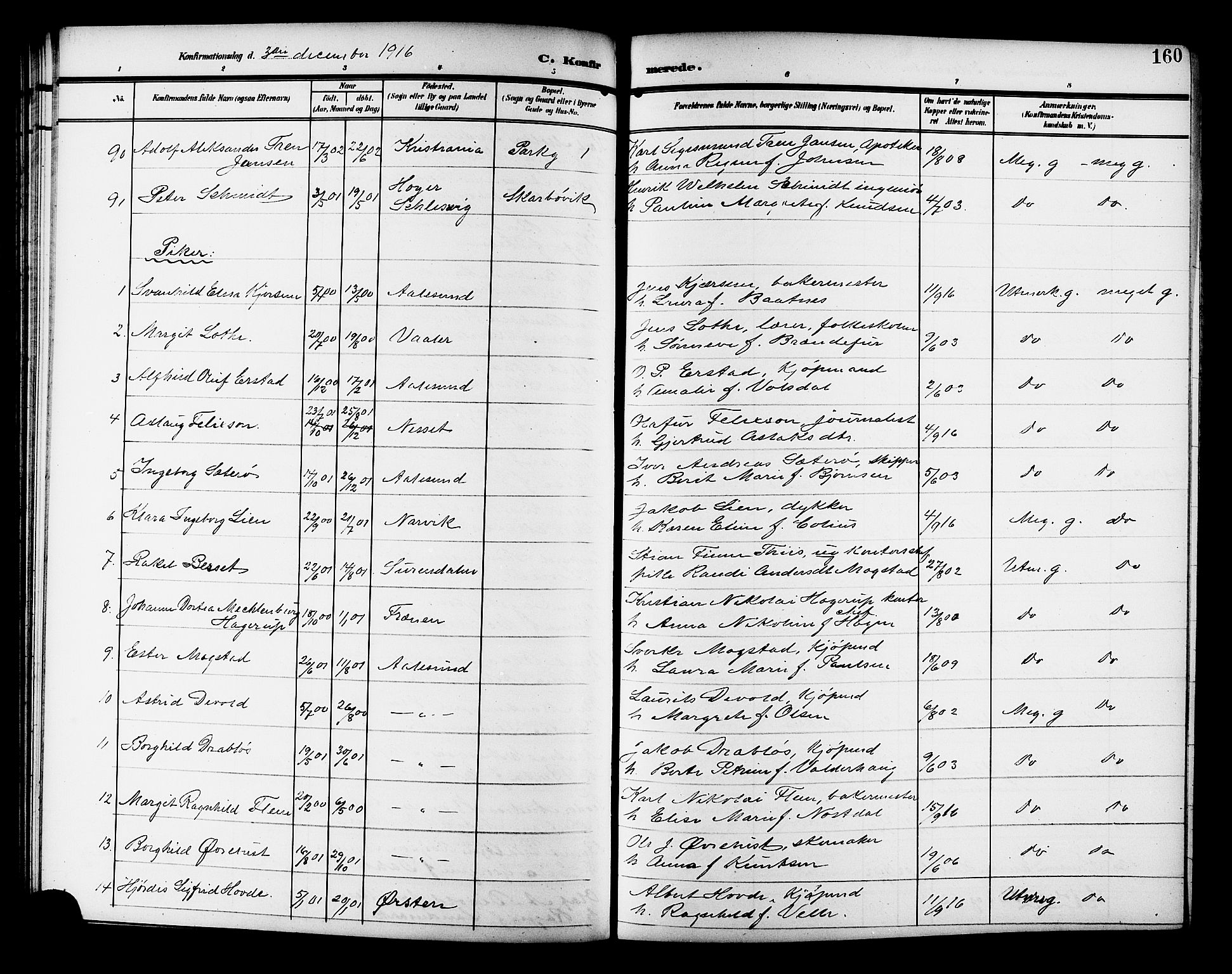 Ministerialprotokoller, klokkerbøker og fødselsregistre - Møre og Romsdal, AV/SAT-A-1454/529/L0470: Parish register (copy) no. 529C07, 1907-1917, p. 160