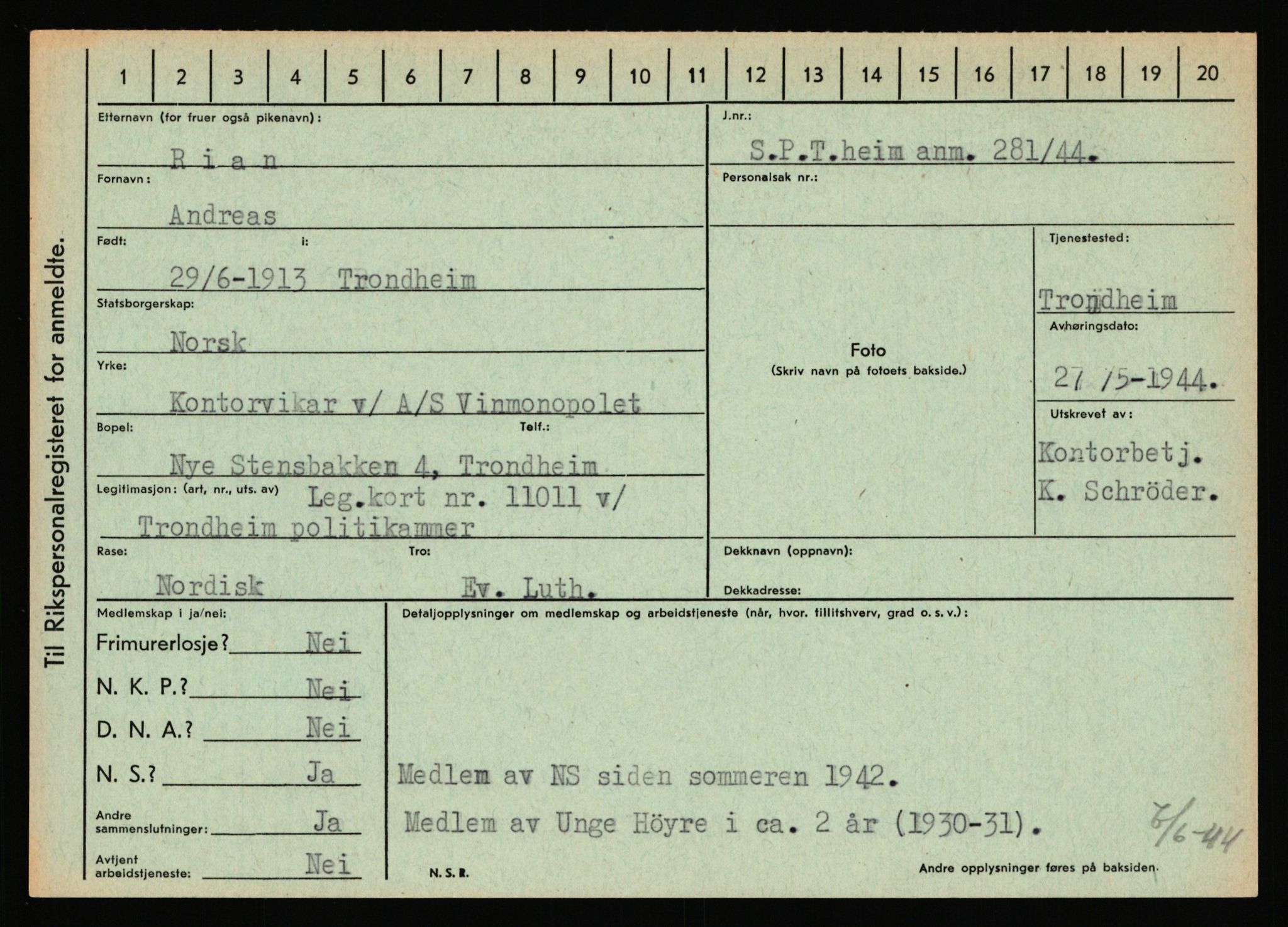 Statspolitiet - Hovedkontoret / Osloavdelingen, AV/RA-S-1329/C/Ca/L0013: Raa - Servold, 1943-1945, p. 1085