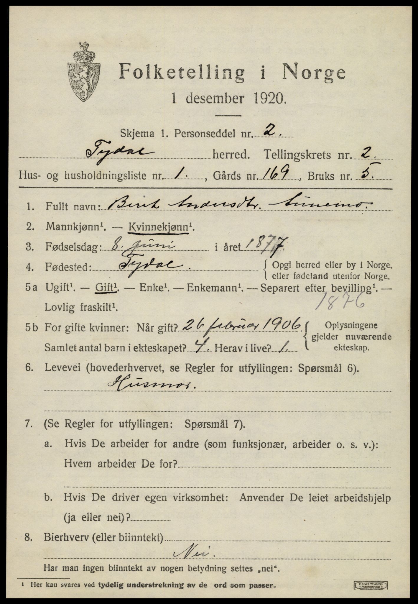 SAT, 1920 census for Tydal, 1920, p. 569