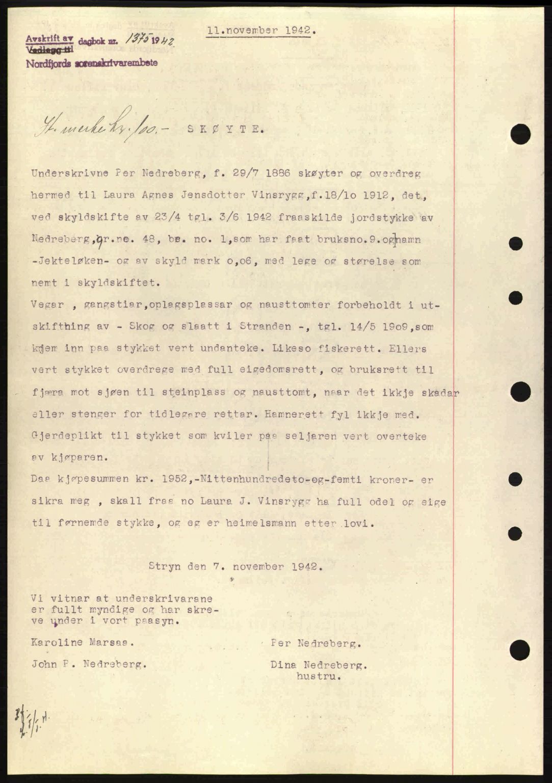 Nordfjord sorenskriveri, SAB/A-2801/02/02b/02bj/L0007: Mortgage book no. A7, 1941-1943, Diary no: : 1367/1942