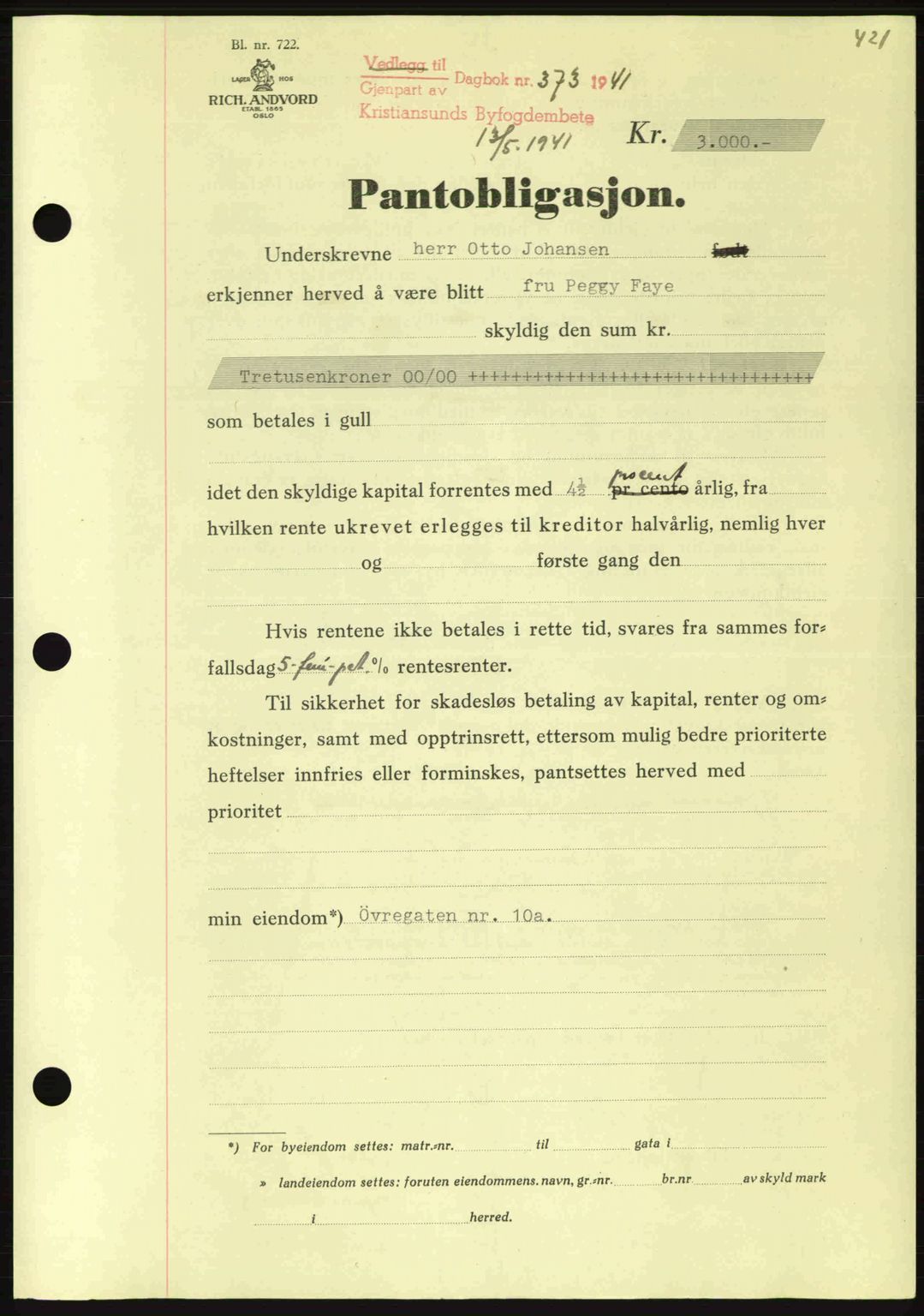 Kristiansund byfogd, AV/SAT-A-4587/A/27: Mortgage book no. 33, 1939-1941, Diary no: : 373/1941