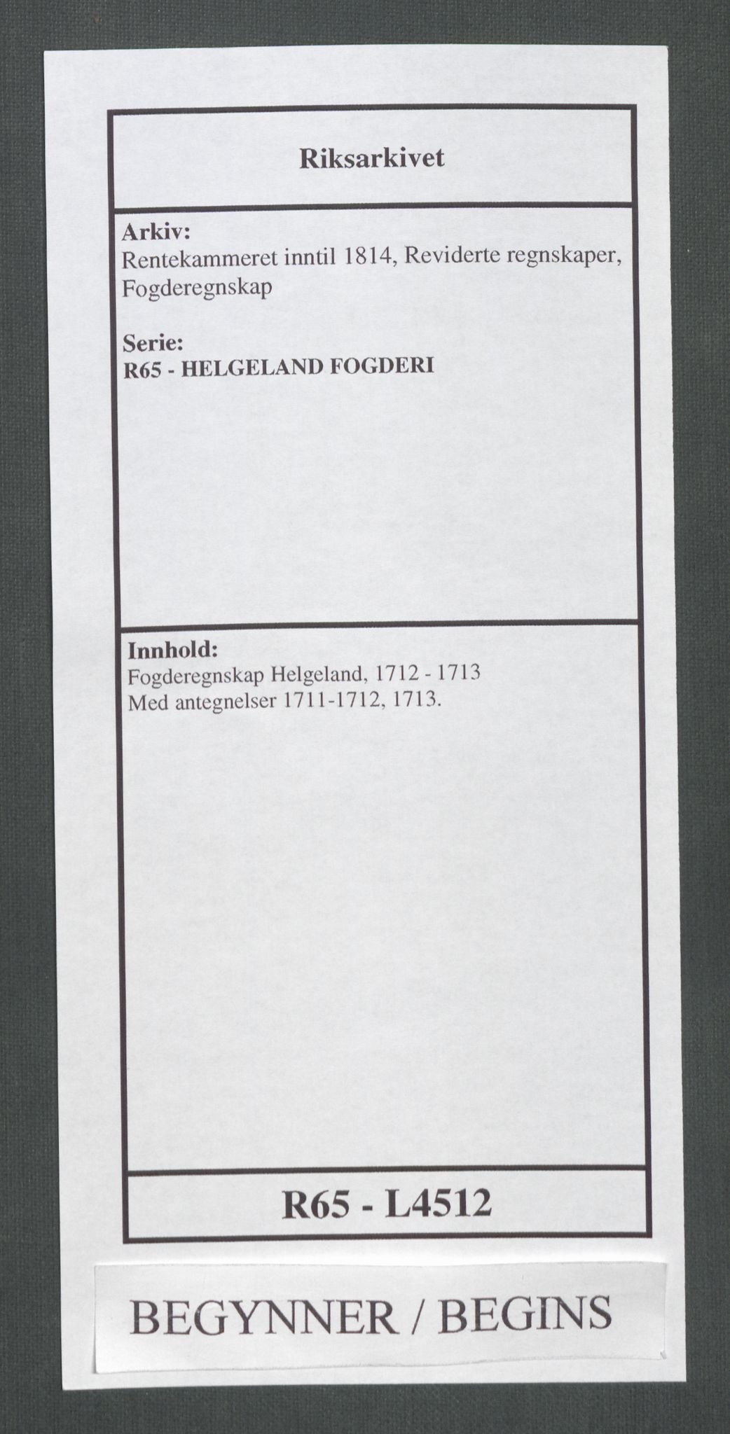 Rentekammeret inntil 1814, Reviderte regnskaper, Fogderegnskap, AV/RA-EA-4092/R65/L4512: Fogderegnskap Helgeland, 1712-1713, p. 1