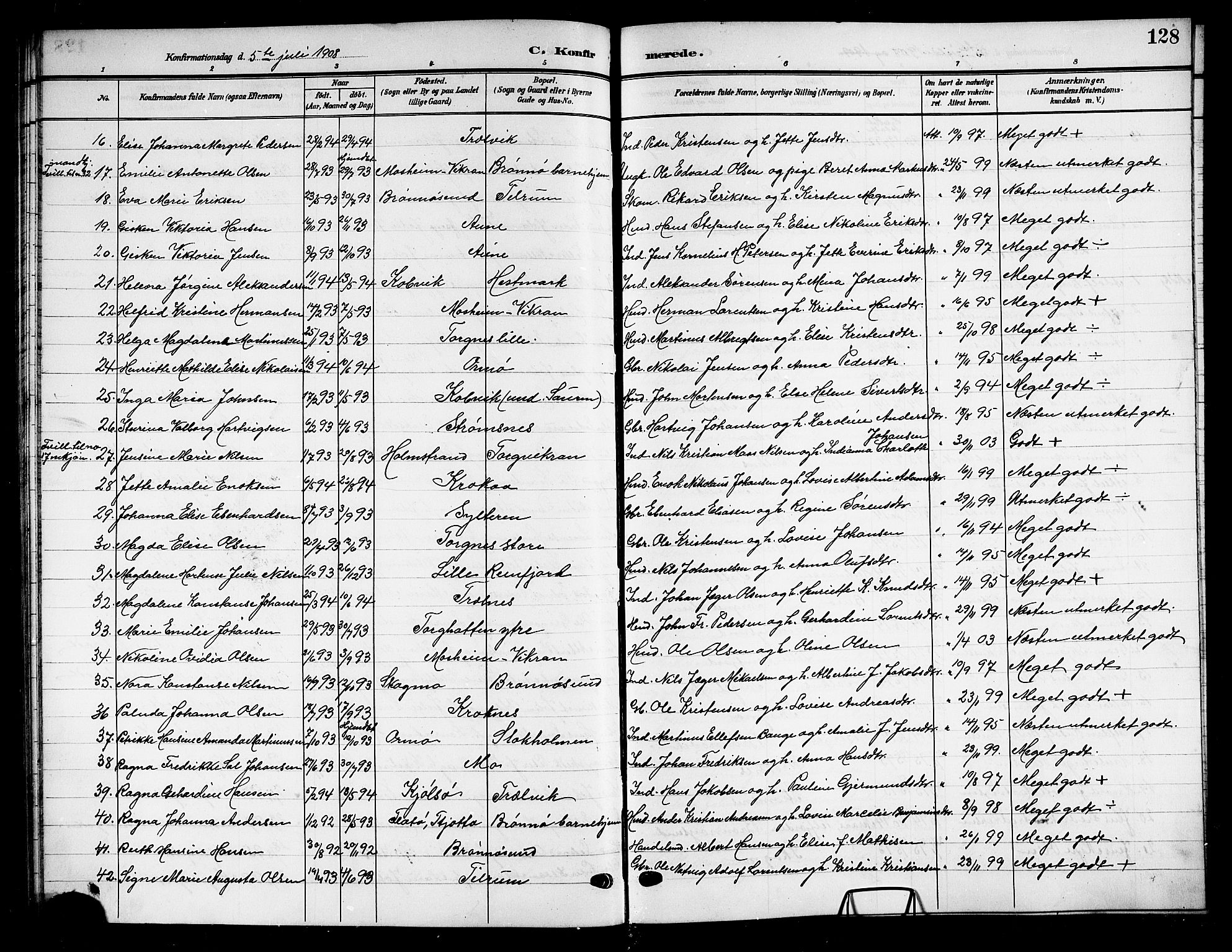 Ministerialprotokoller, klokkerbøker og fødselsregistre - Nordland, SAT/A-1459/813/L0214: Parish register (copy) no. 813C06, 1904-1917, p. 128