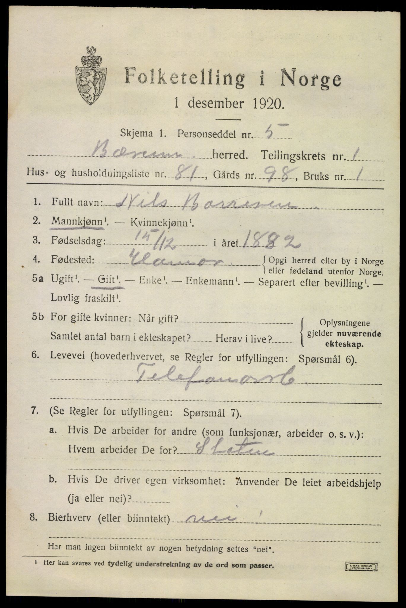 SAO, 1920 census for Bærum, 1920, p. 6122