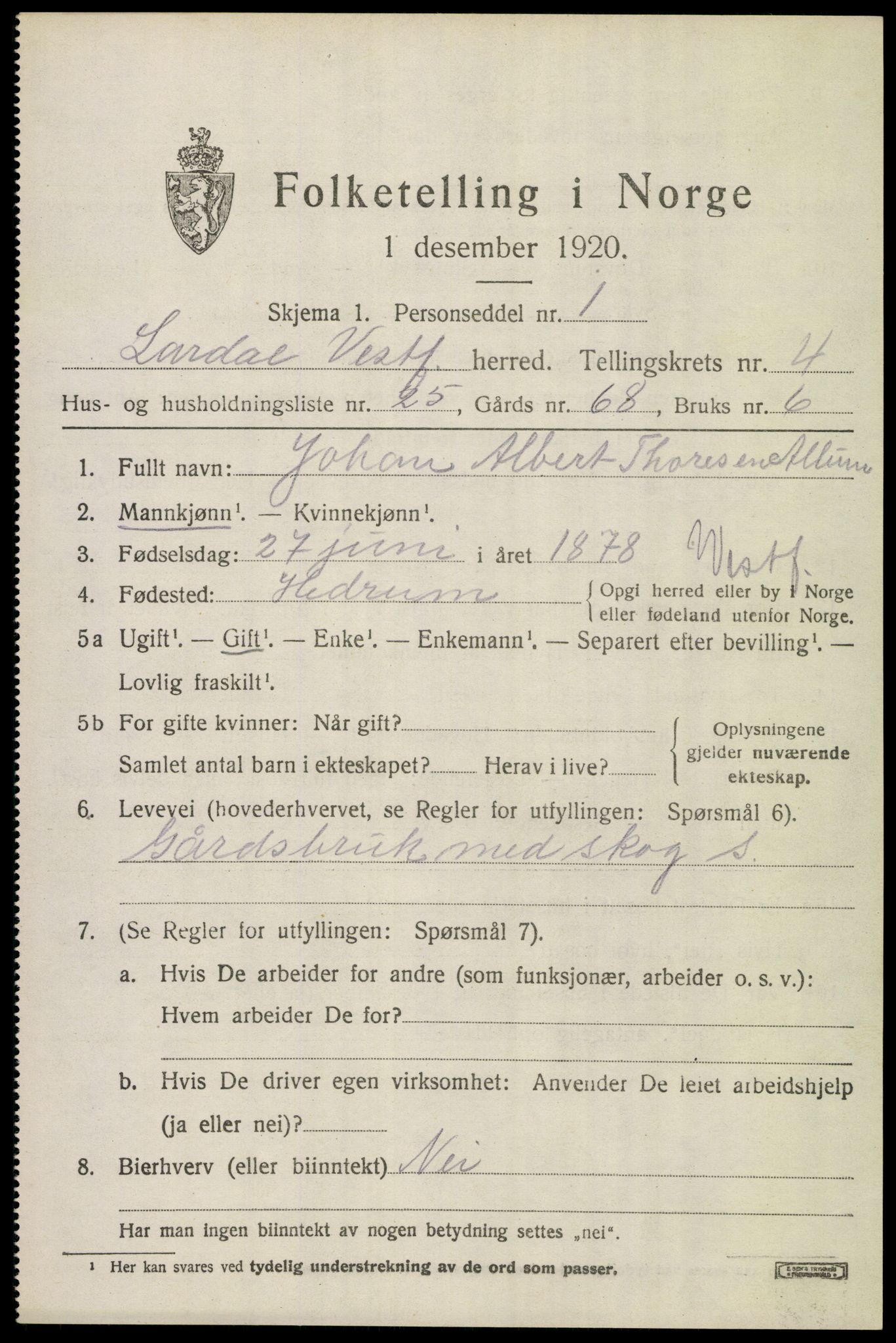 SAKO, 1920 census for Lardal, 1920, p. 3827