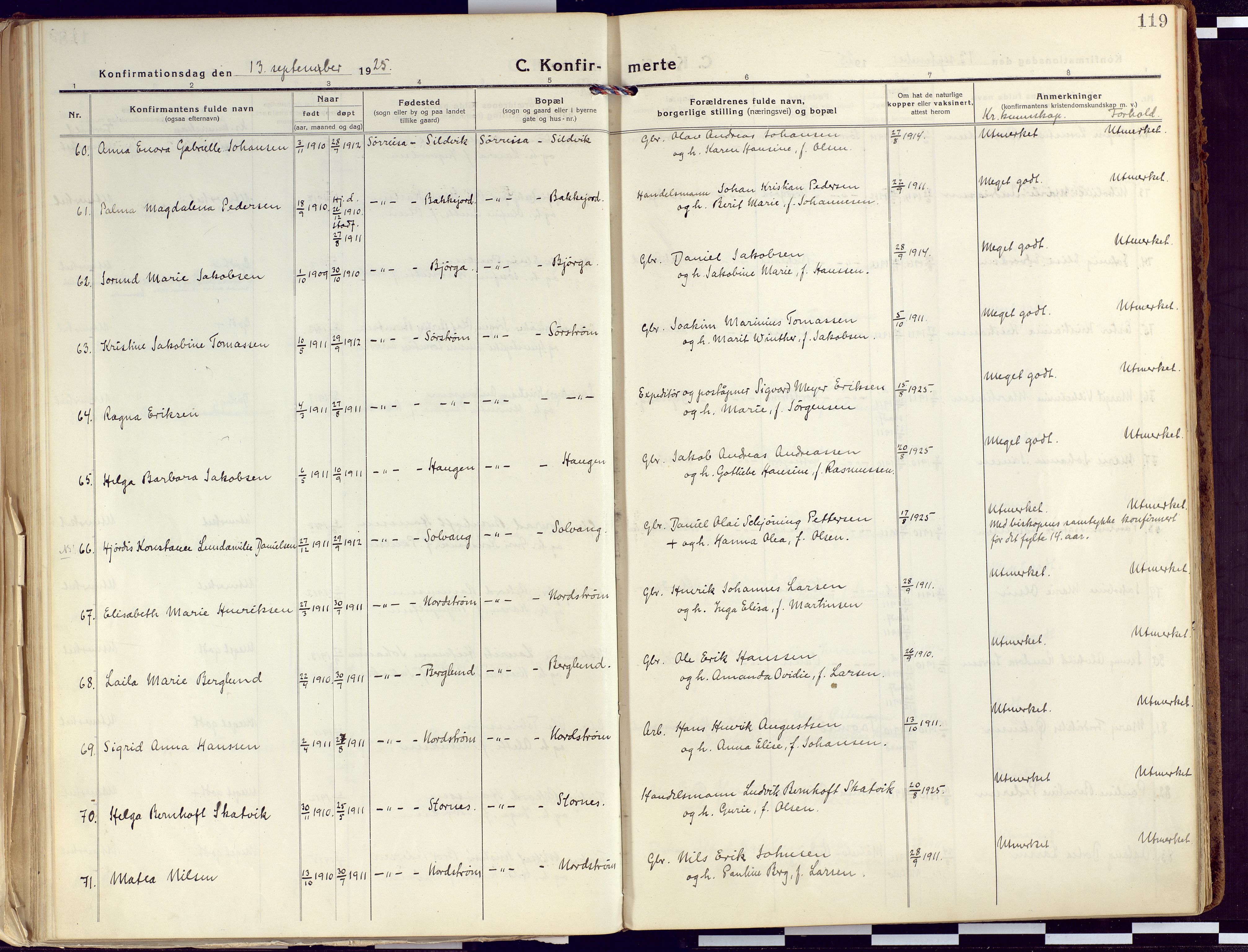 Tranøy sokneprestkontor, AV/SATØ-S-1313/I/Ia/Iaa/L0015kirke: Parish register (official) no. 15, 1919-1928, p. 119