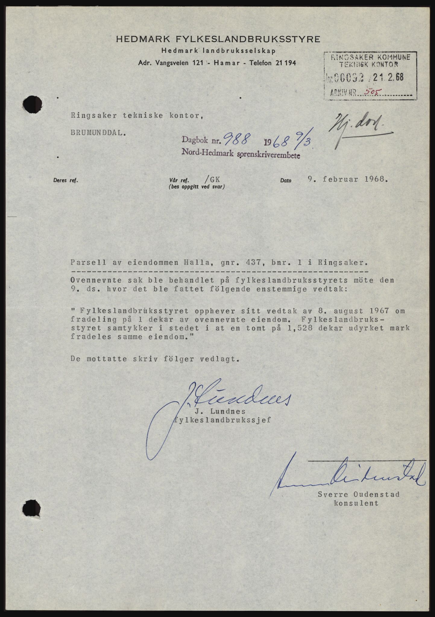 Nord-Hedmark sorenskriveri, SAH/TING-012/H/Hc/L0027: Mortgage book no. 27, 1967-1968, Diary no: : 988/1968