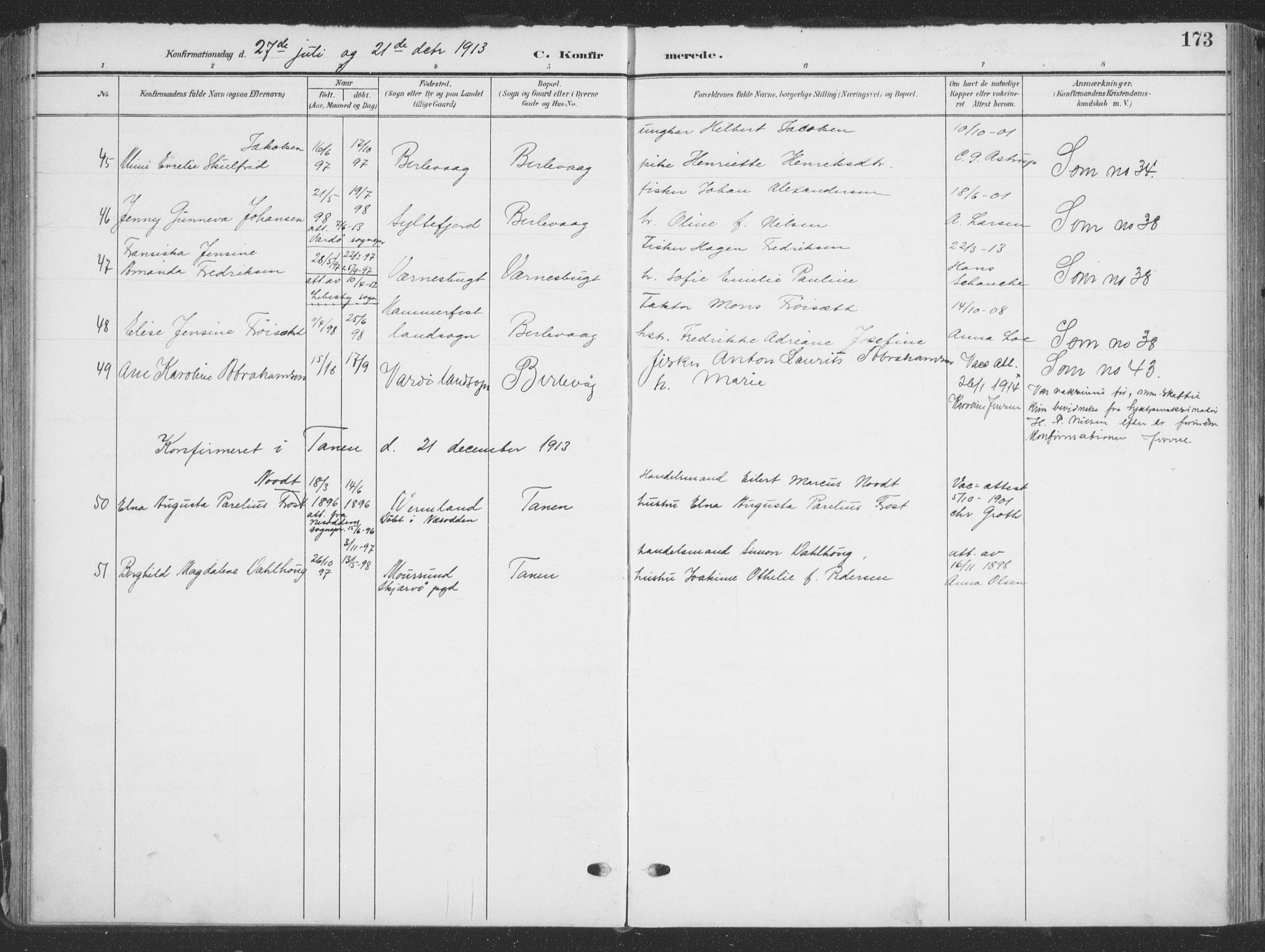 Tana sokneprestkontor, AV/SATØ-S-1334/H/Ha/L0007kirke: Parish register (official) no. 7, 1904-1918, p. 173