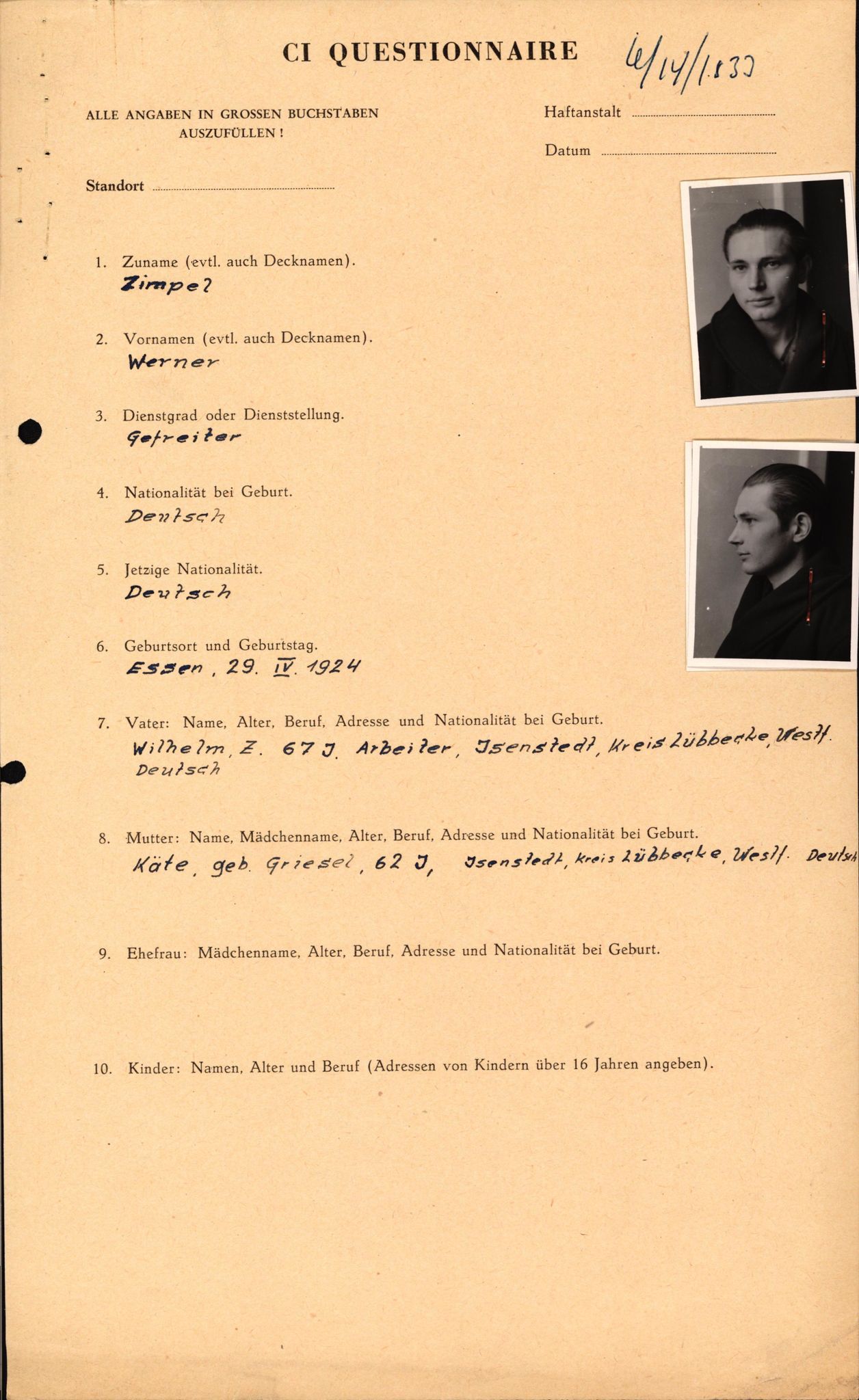 Forsvaret, Forsvarets overkommando II, AV/RA-RAFA-3915/D/Db/L0037: CI Questionaires. Tyske okkupasjonsstyrker i Norge. Tyskere., 1945-1946, p. 409