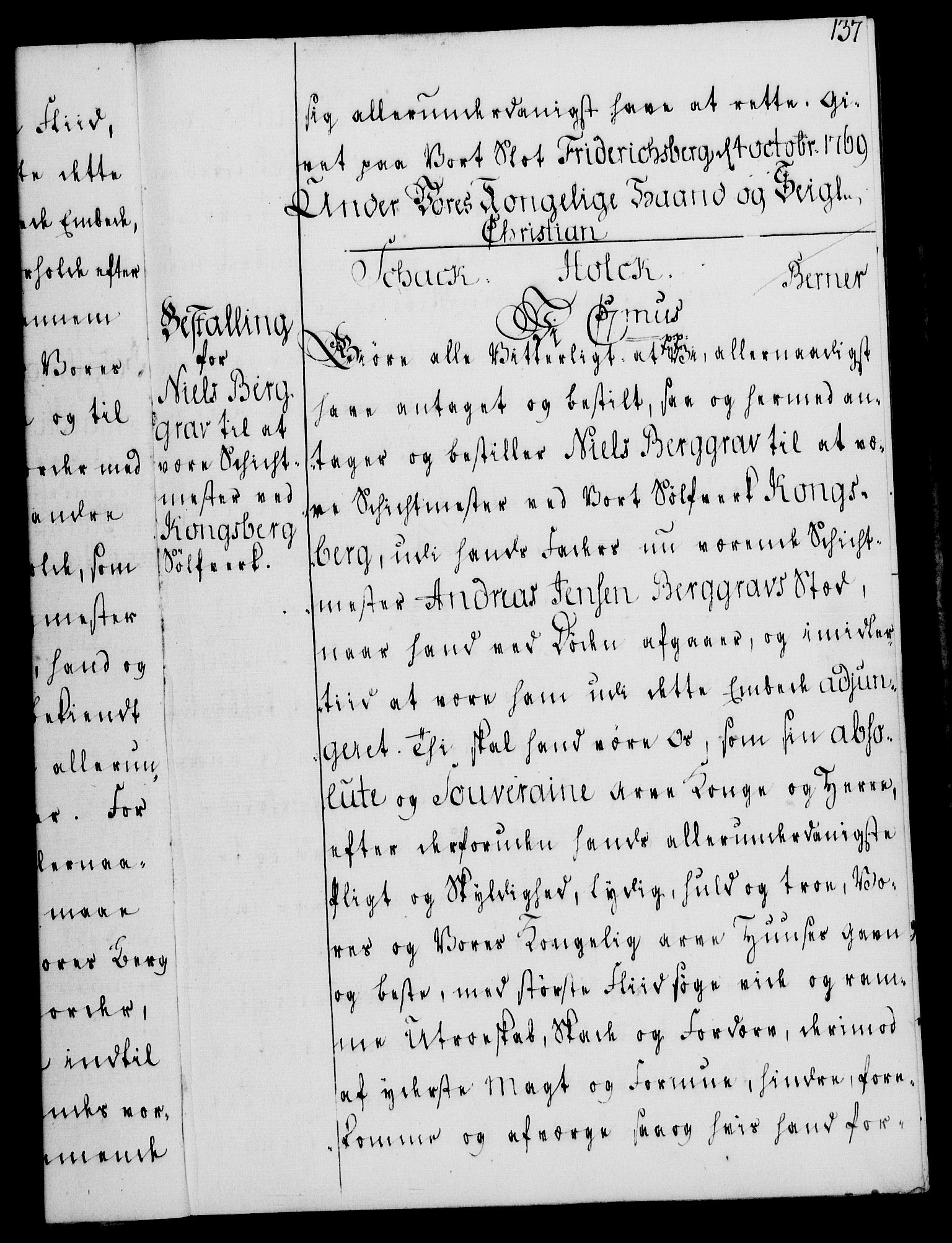Rentekammeret, Kammerkanselliet, RA/EA-3111/G/Gg/Gge/L0004: Norsk bestallingsprotokoll med register (merket RK 53.28), 1762-1771, p. 137