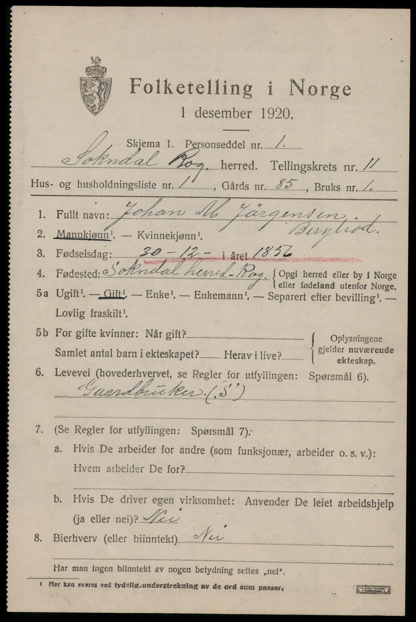 SAST, 1920 census for Sokndal, 1920, p. 6029