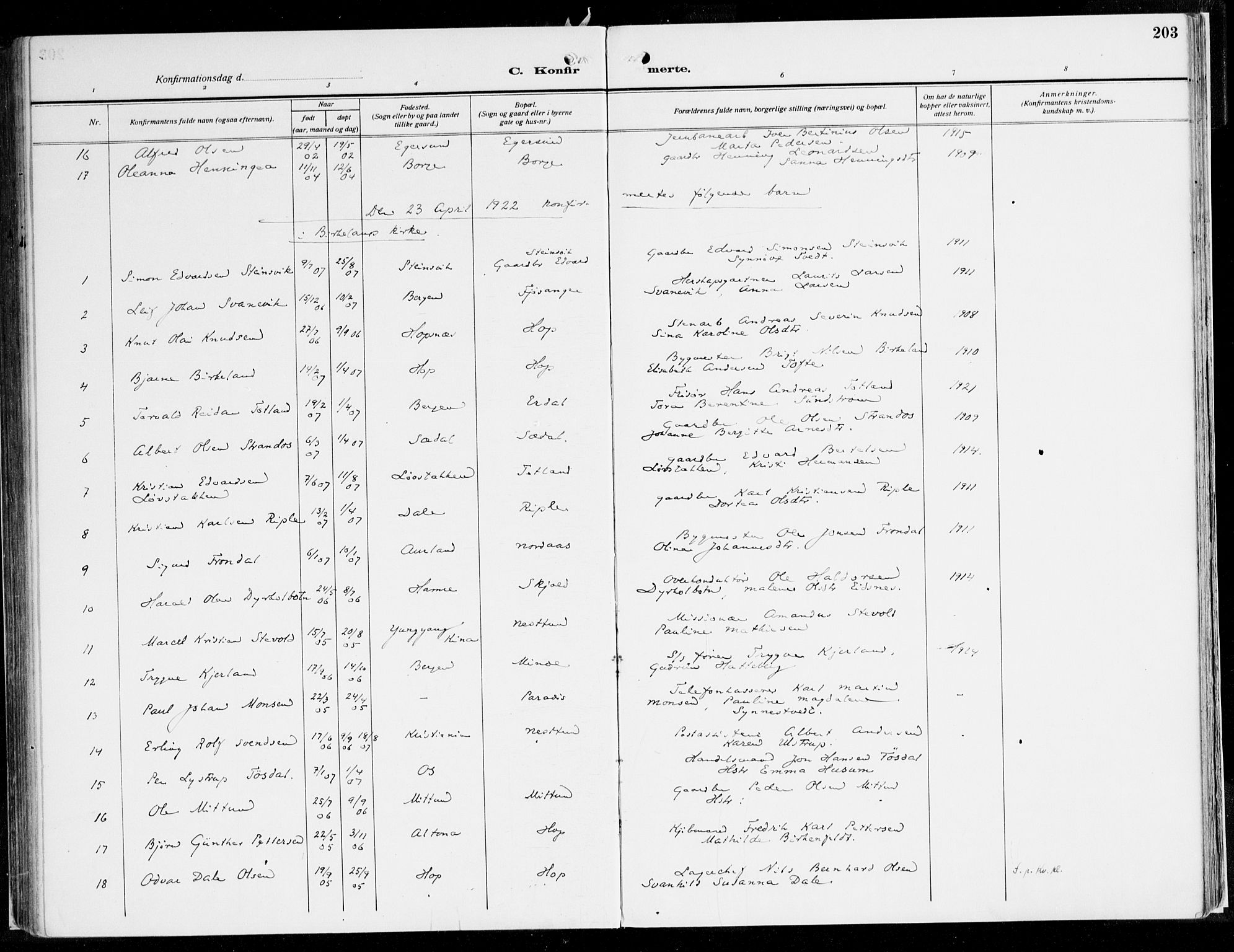 Fana Sokneprestembete, AV/SAB-A-75101/H/Haa/Haaj/L0001: Parish register (official) no. J 1, 1921-1935, p. 203