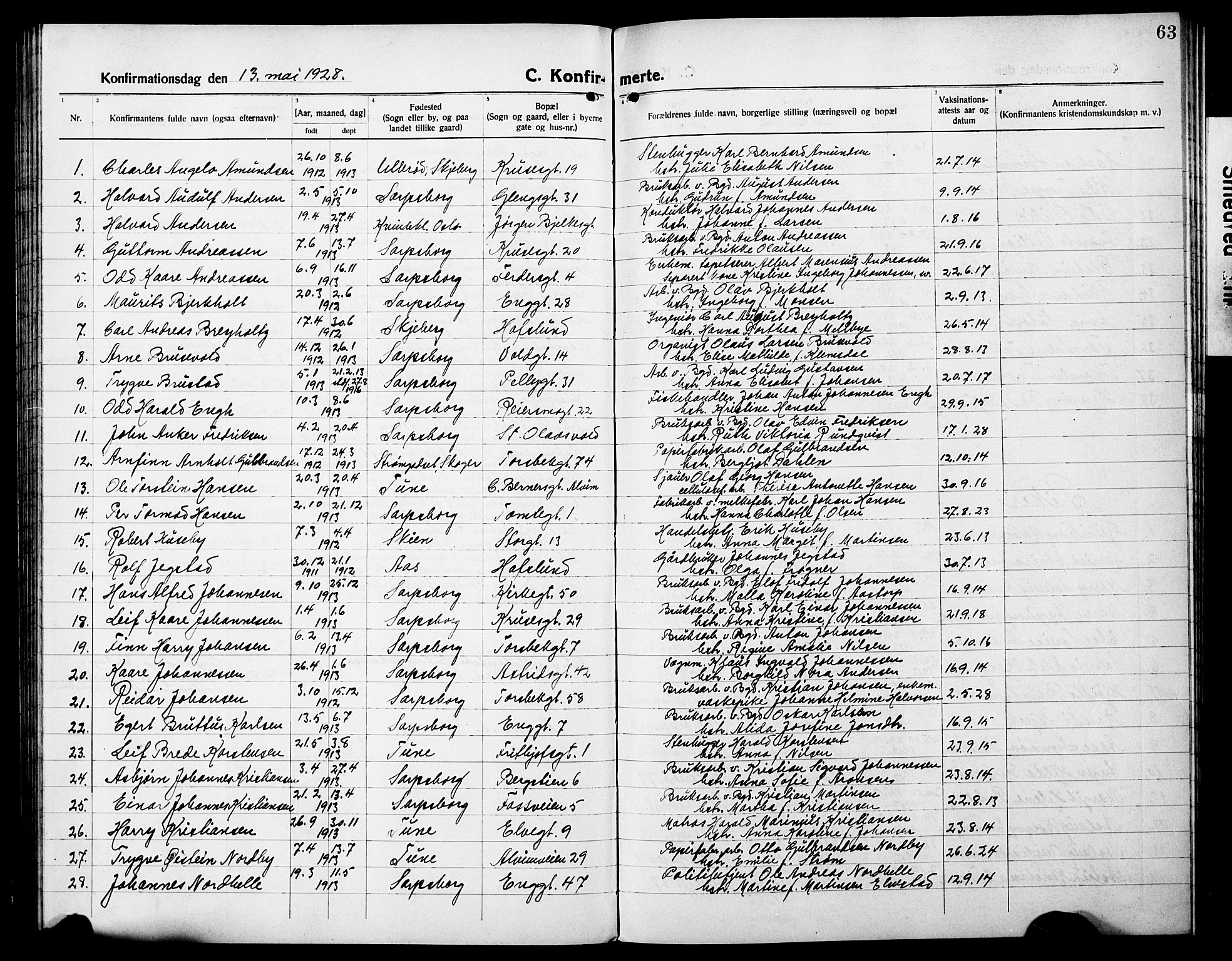 Sarpsborg prestekontor Kirkebøker, SAO/A-2006/G/Ga/L0003: Parish register (copy) no. 3, 1922-1931, p. 63