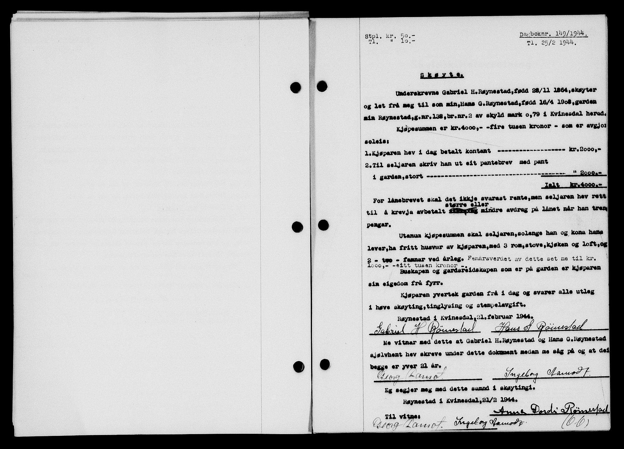 Flekkefjord sorenskriveri, SAK/1221-0001/G/Gb/Gba/L0059: Mortgage book no. A-7, 1944-1945, Diary no: : 149/1944