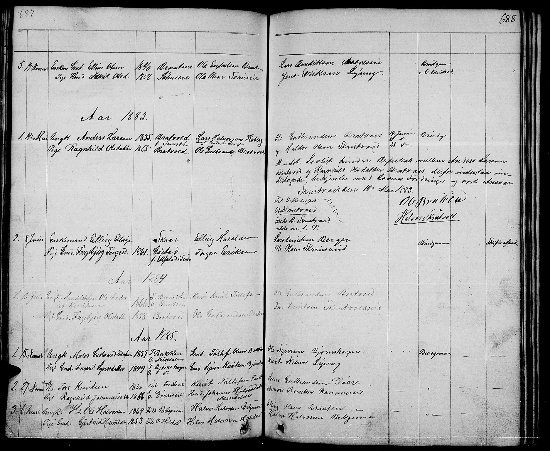 Nord-Aurdal prestekontor, SAH/PREST-132/H/Ha/Hab/L0001: Parish register (copy) no. 1, 1834-1887, p. 687-688