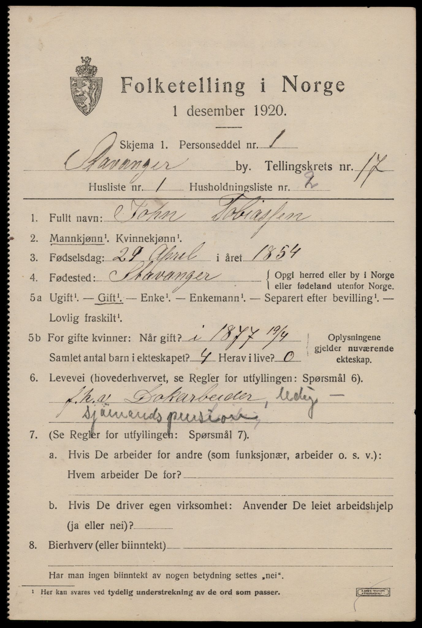 SAST, 1920 census for Stavanger, 1920, p. 65230