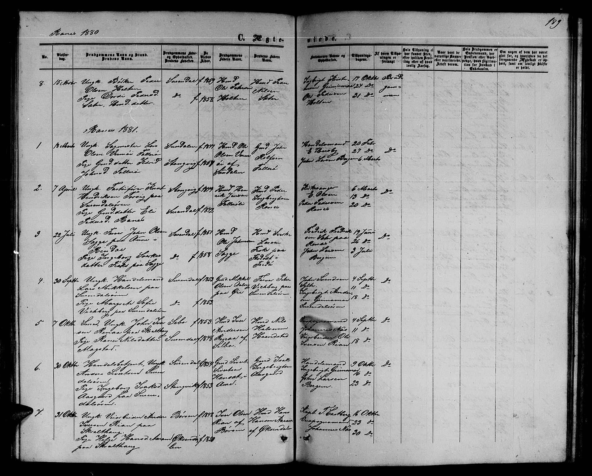 Ministerialprotokoller, klokkerbøker og fødselsregistre - Møre og Romsdal, AV/SAT-A-1454/595/L1051: Parish register (copy) no. 595C03, 1866-1891, p. 189