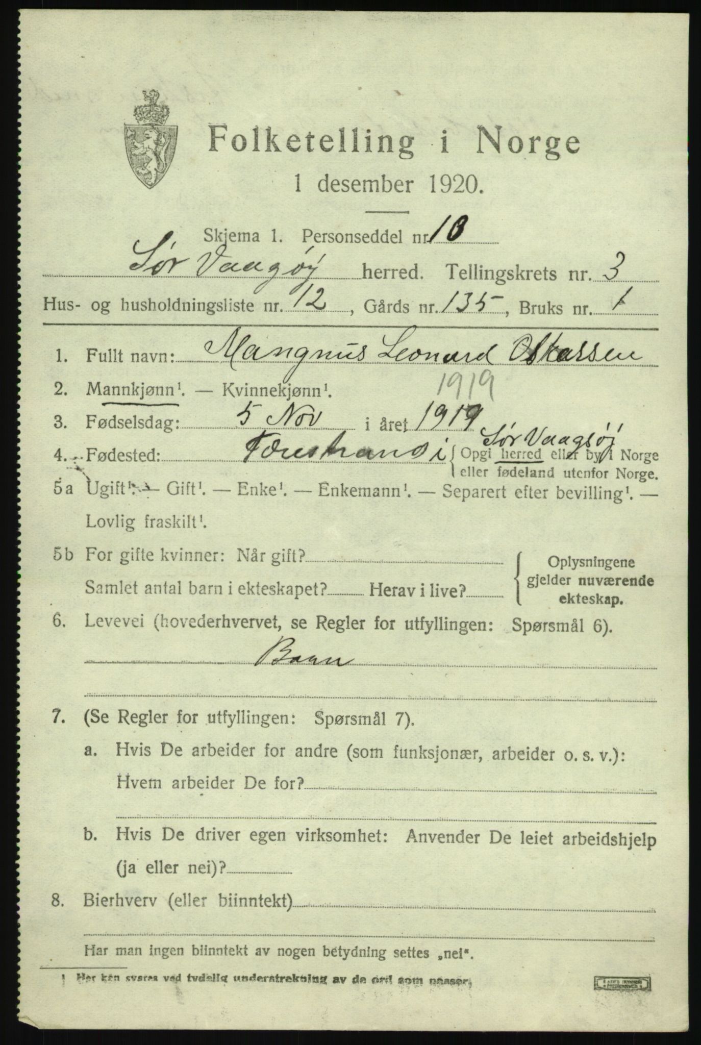 SAB, 1920 census for Sør-Vågsøy, 1920, p. 1706