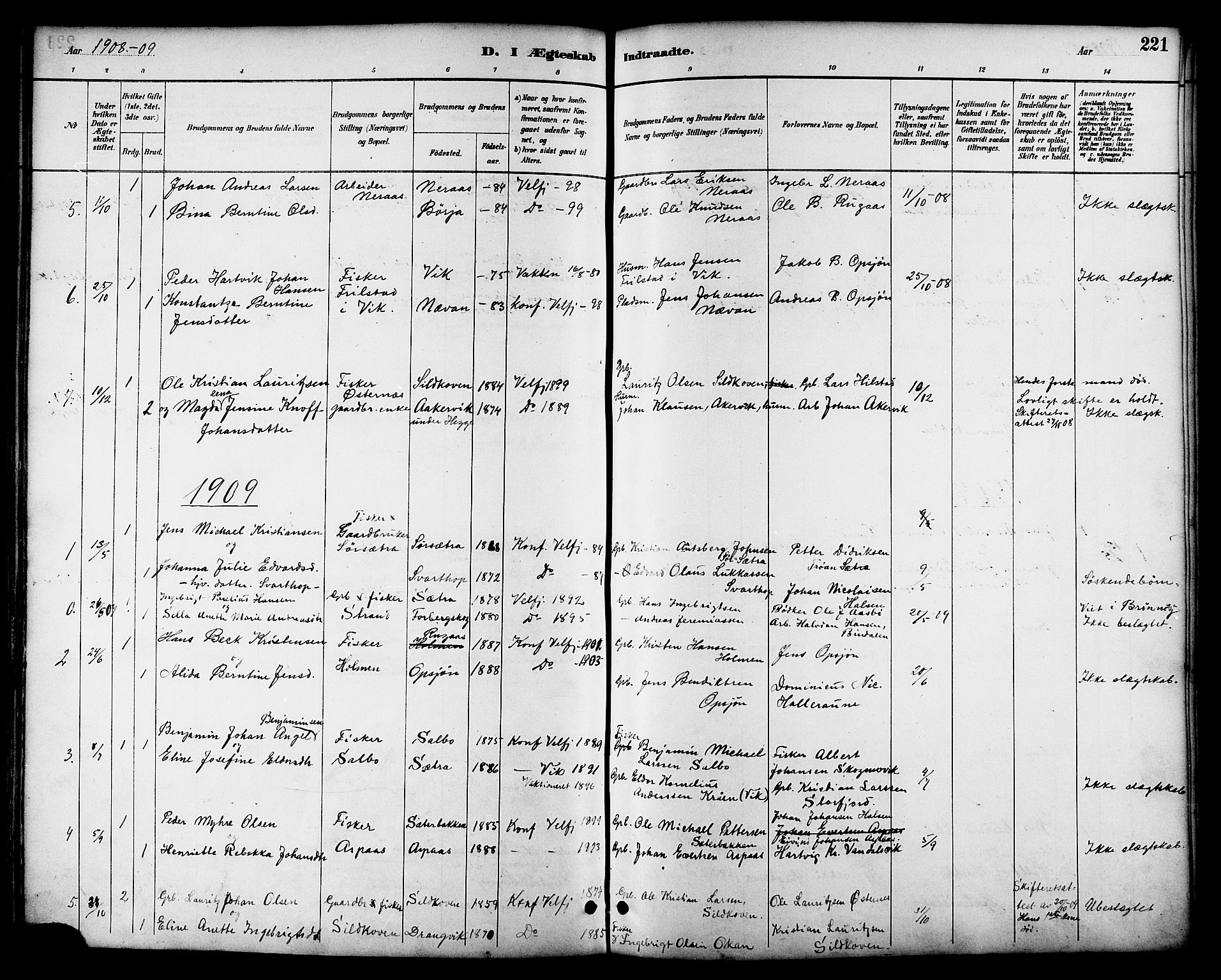 Ministerialprotokoller, klokkerbøker og fødselsregistre - Nordland, SAT/A-1459/814/L0230: Parish register (copy) no. 814C03, 1884-1911, p. 221