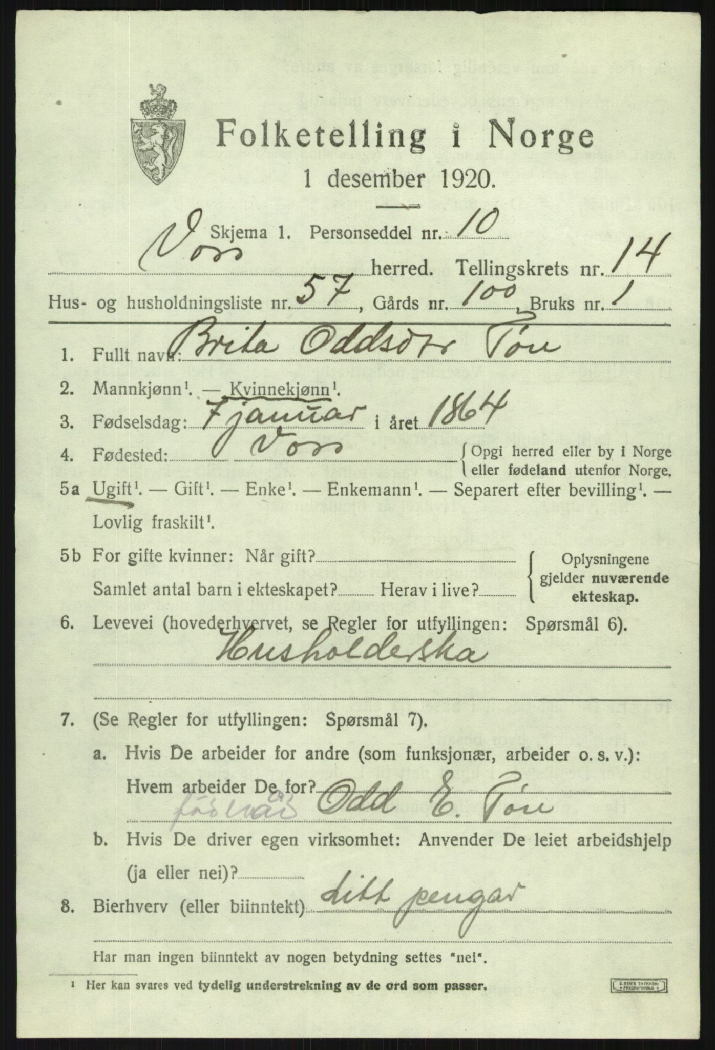 SAB, 1920 census for Voss, 1920, p. 12495