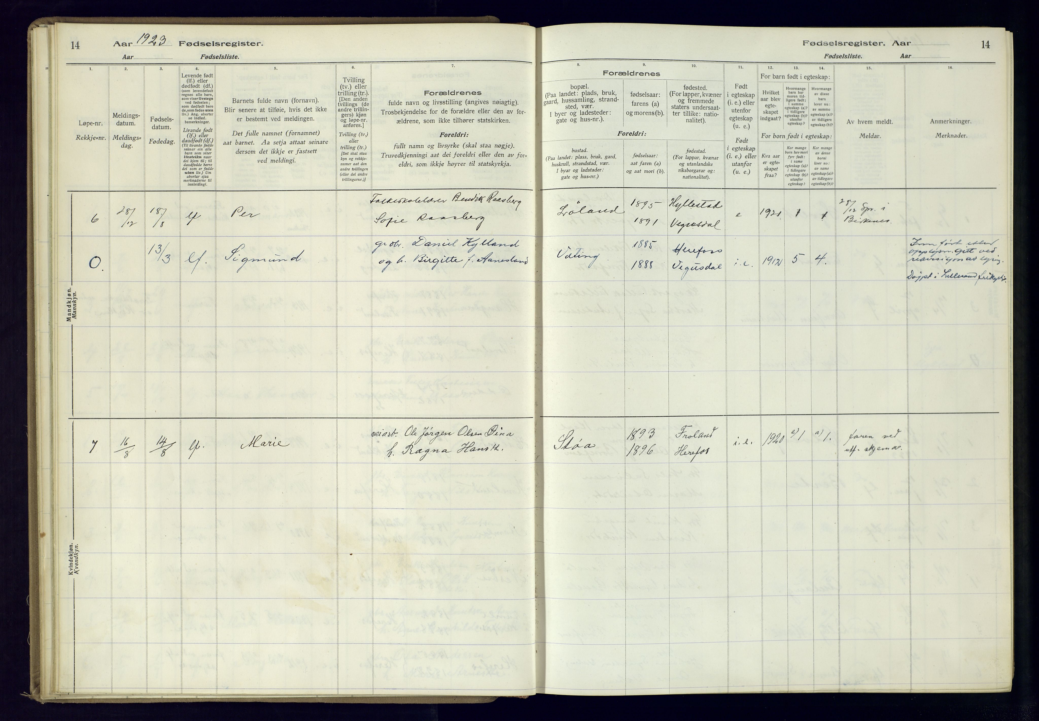 Herefoss sokneprestkontor, AV/SAK-1111-0019/J/Ja/L0001: Birth register no. II.6.10, 1916-1982, p. 14