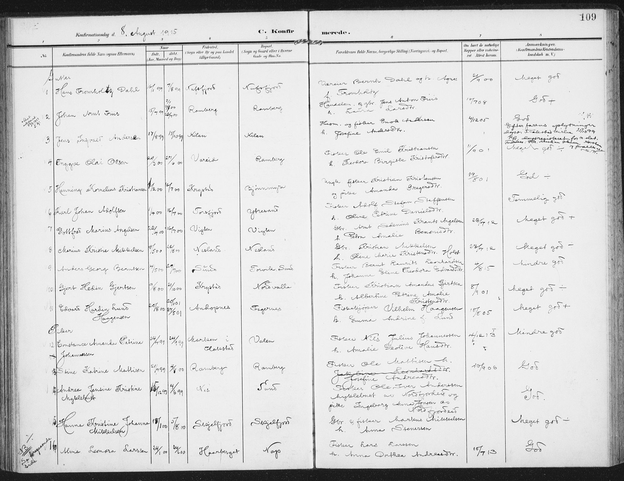 Ministerialprotokoller, klokkerbøker og fødselsregistre - Nordland, SAT/A-1459/885/L1206: Parish register (official) no. 885A07, 1905-1915, p. 109